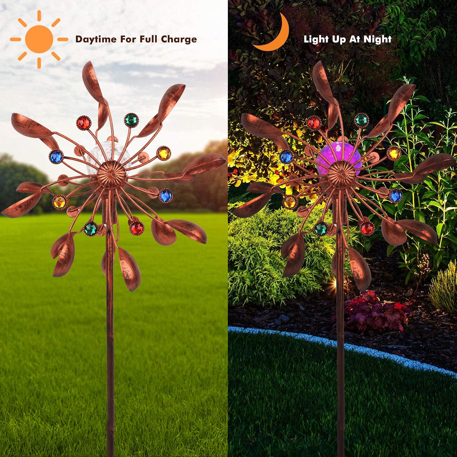 BOTINDO Solar Wind Spinner 75 Inch Easy Spinning Kinetic Metal Wind Catchers Spinners for Outdoor Yard Patio Lawn Garden Decorations, Double Windmill Spinner Birthday Gifts for Women