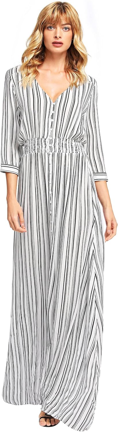 Milumia Women's Stripe V Neck Half Sleeve Split Button Up Party Maxi Dress