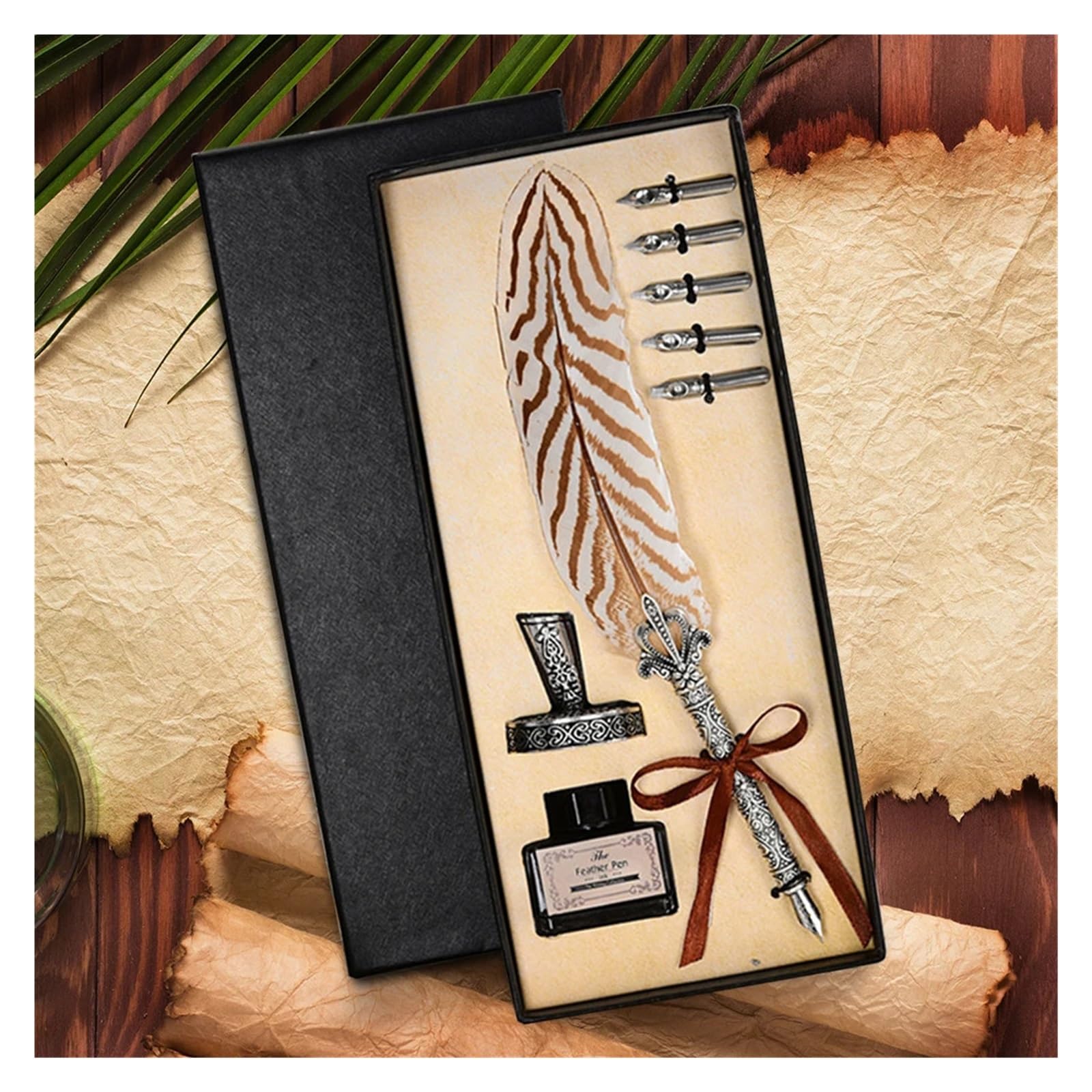 Plume Calligraphie Ensemble stylo plume et encre, stylo à plume avec 5 pointes fines, Excellent Souvenir de mariage, ensemble de stylos plume, cadeau d'anniversaire for femmes et hommes(Black)
