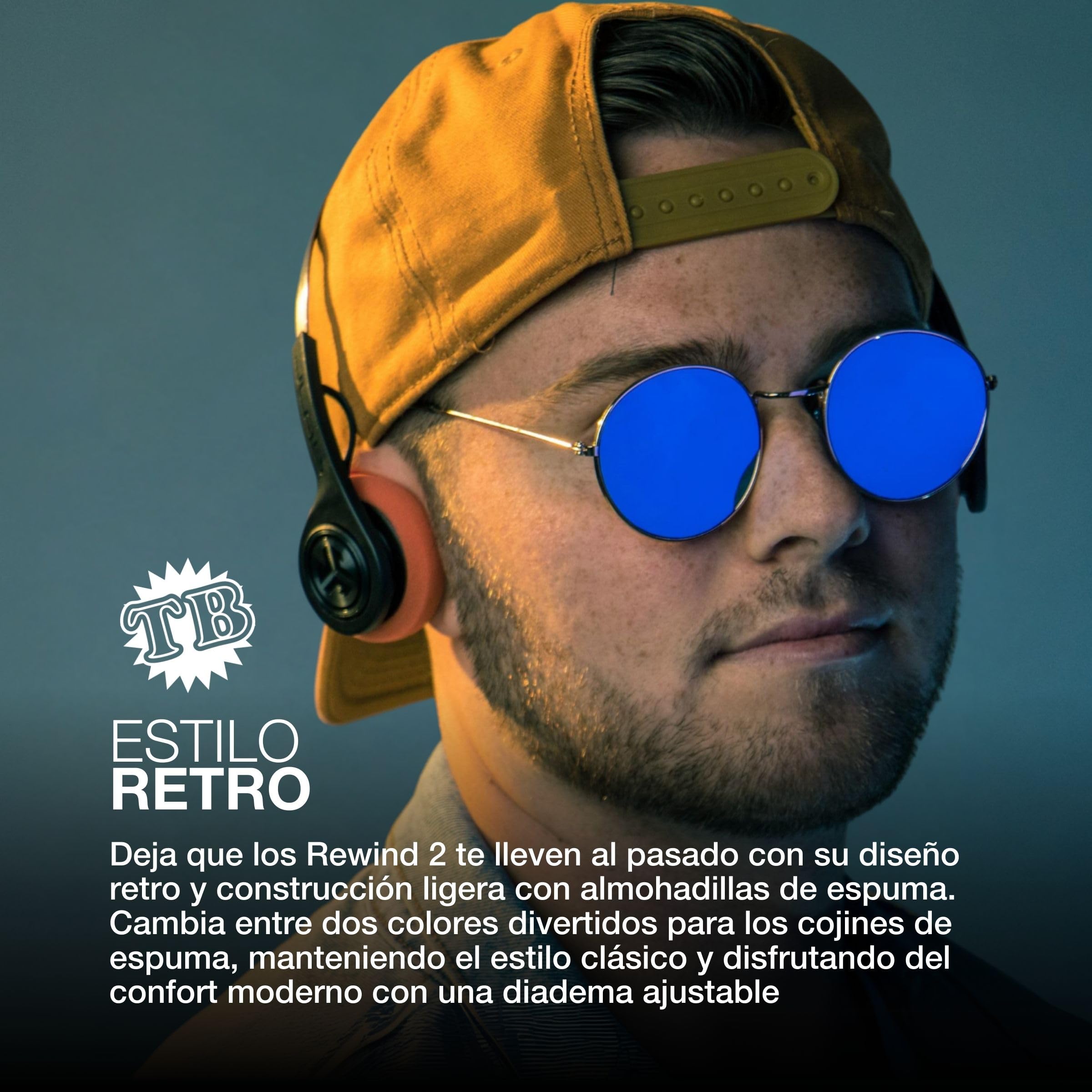 JLab Auriculares Retro, Auriculares Inalámbricos Rewind 2: con Controles de Aplicación Personalizados, Más de 20 Horas de Reproducción Bluetooth, Livianos y Vintage con Mic