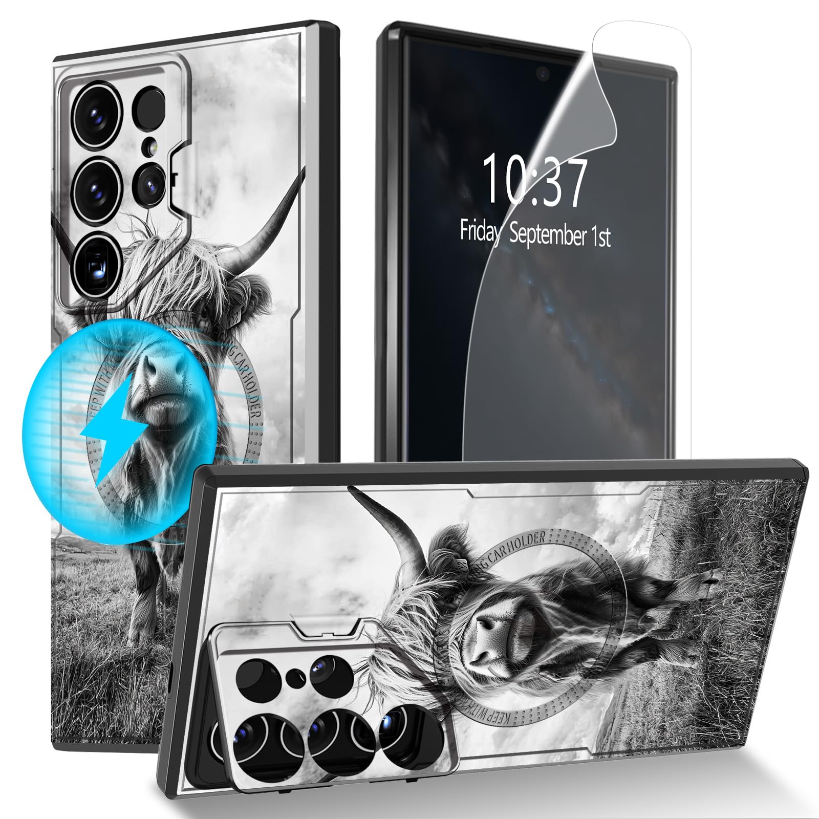 WZCJDHMJ Magnetic for Samsung S24 Ultra Phone Case,with Screen Protector [Compatible with MagSafe],Kickstand Heavy Duty Shockproof Cover for Women