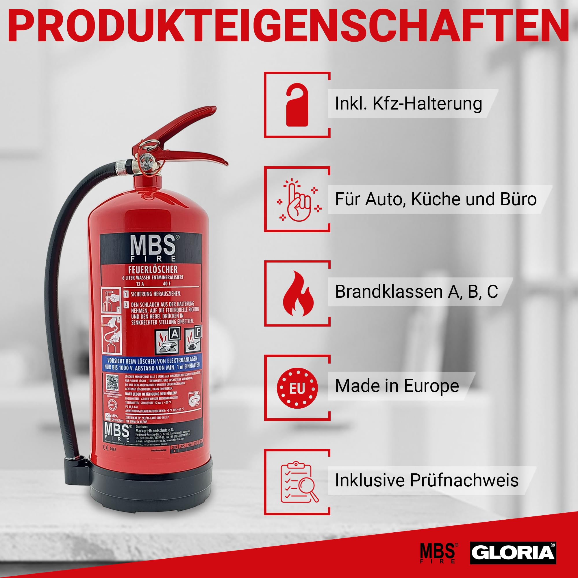 MBS FIRE - Estintore a nebbia d'acqua – 6 litri – Per le classi di incendio A, F – Con pratico supporto a parete – Incl. etichetta di garanzia aggiornata