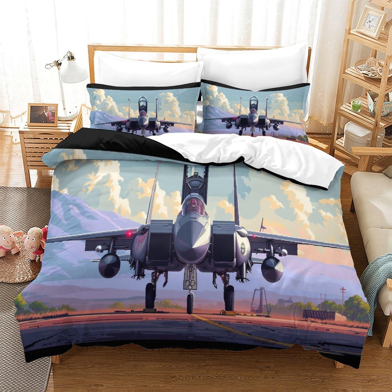 P1S9U7W5Y Aviation Inspired 3D Printed Microfiber Duvet Cover Set 3pcs Fighter Jet Bedding Set King（220x240cm）