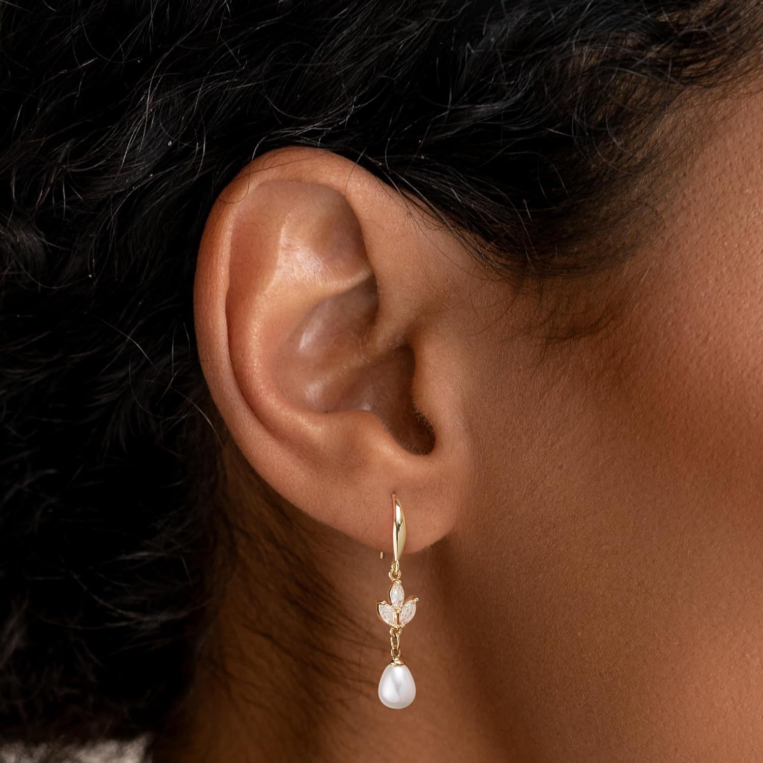 HANLI Pearl Dangle Earrings for Women - 14K Gold Plated Dainty Cubic Zirconia Pearl Drop Wedding Stud Earrings for Brides Bridal Jewelry - Image 2