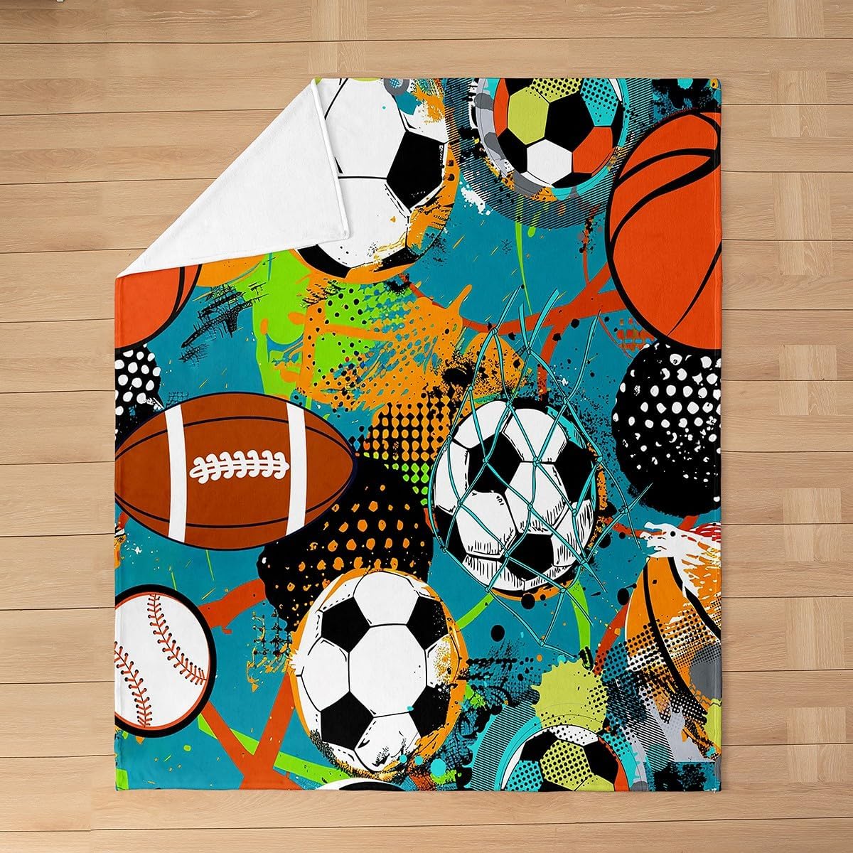 Sporting Fleece Blanket,Soccer Rugby Basketball Baseball Sports Game Bed Blanket for Kids Teens,Green Street Style Hippie Graffiti Flannel Blanket for Room Decor,Queen 90"x90"