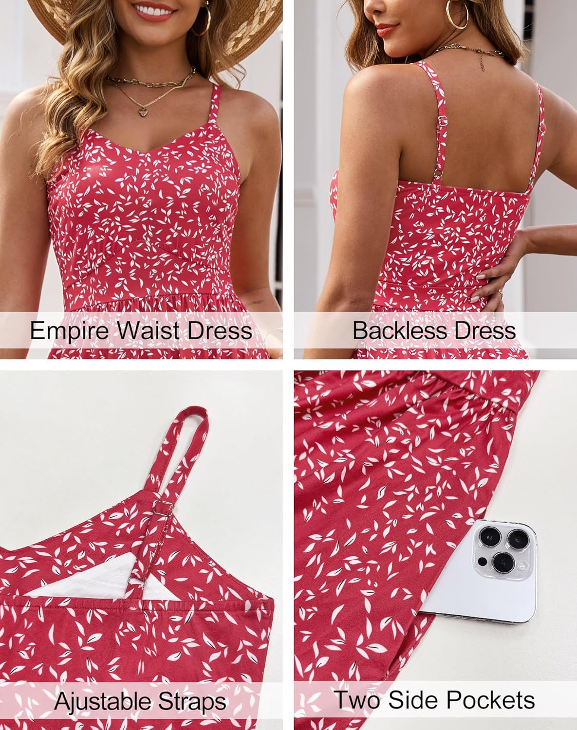 Zattcas Women's 2026 Summer Casual Floral Maxi Dress with Pockets Spaghetti Strap V Neck Empire Waist Beach Long Sundress - Image 6