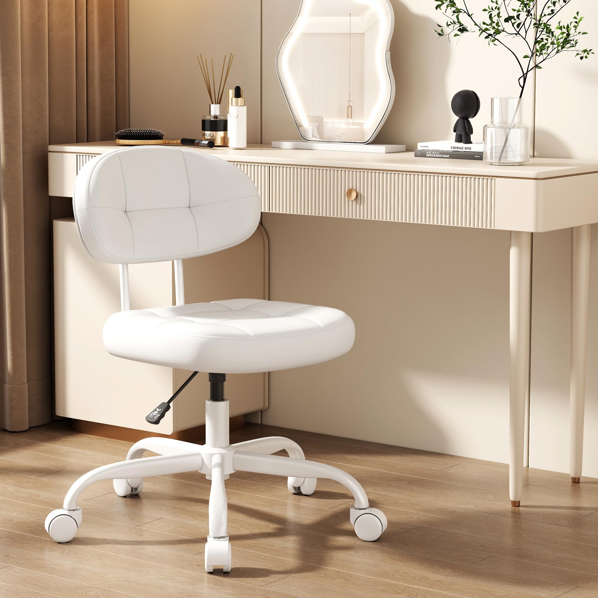 Misolant Vanity Chair with Back, Small Armless Cute office Chair with wheels and Lumbar support, Comfy PU Leather Desk Computer Chairs with Adjustable