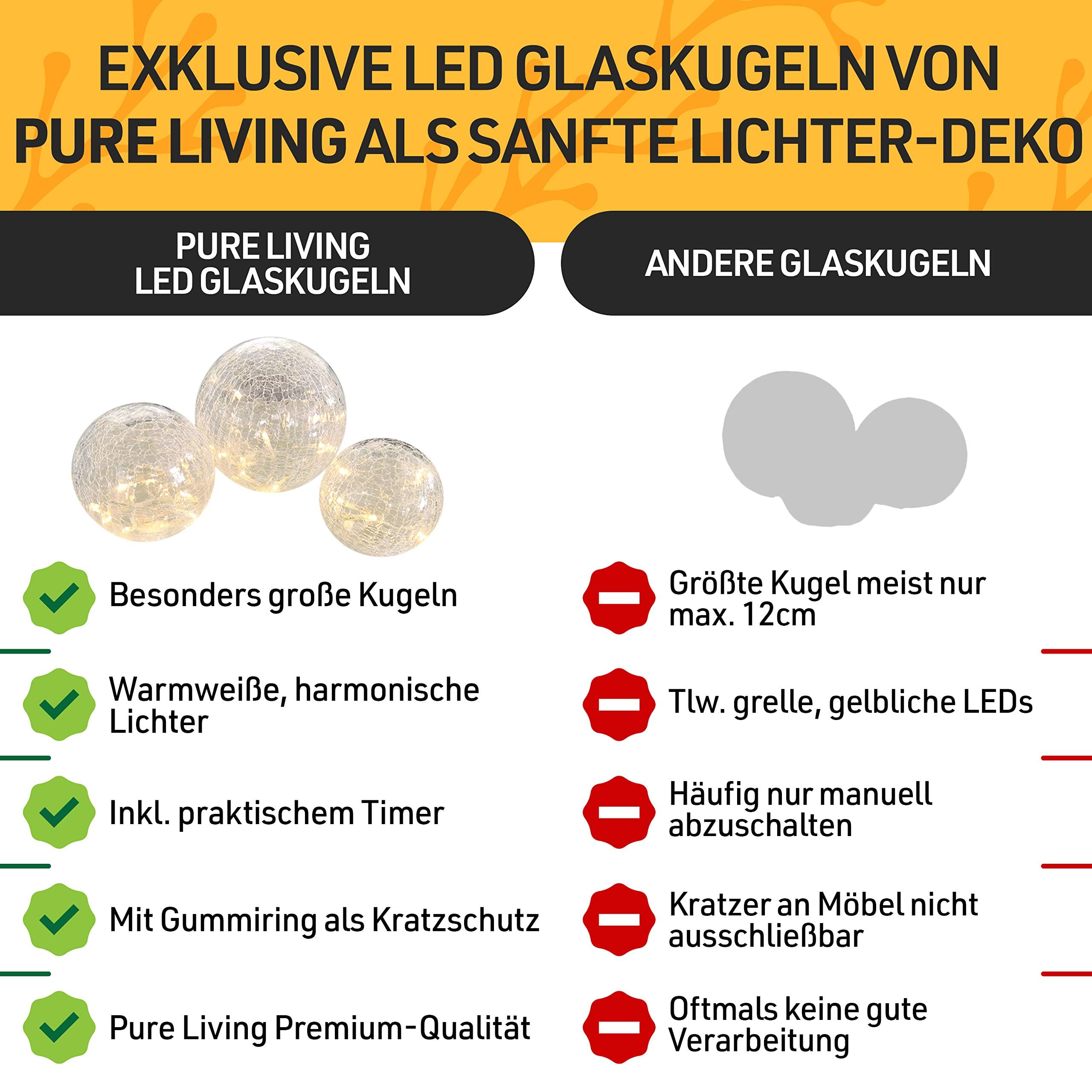 PURE LIVING INTERIOR DESIGN LED Kugelleuchte 3er Set, Kugel mit Timer, Leuchtkugeln mit Batterie warmweiß als Dekoleuchte batteriebetrieben, Glaskugel als Fensterbrett Deko, Lichter Deko, Fensterbank Beleuchtung