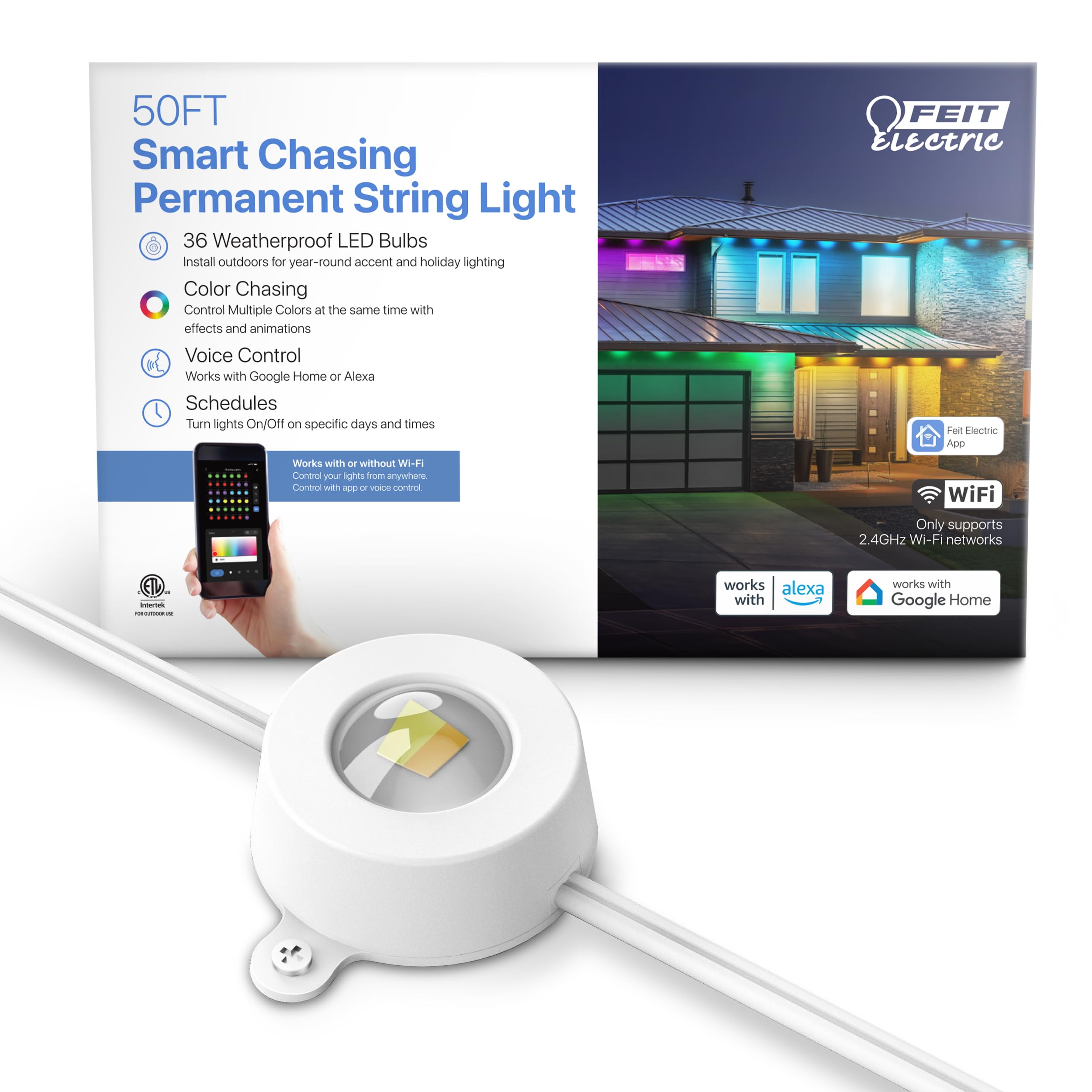 Feit ElectricPermanent Outdoor Lights, Smart RGBIC String Lights, 50FT LED Christmas Lights, 2.4GHz WiFi-Enabled Under Eaves Light, Work with Alexa and Google Assistant, Weatherproof, SL50-36/RGB/AG