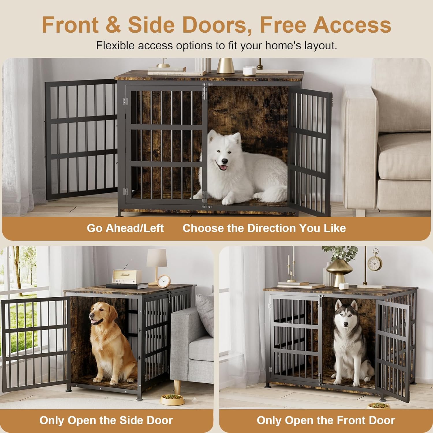 41" Furniture Style Large Dog Crate with Wheels, Chew-Resistant Dog Kennel Furniture Indoor for Large & Medium Dogs, 40.8" L x 28.3" W x 30.9" H, Decorate House as TV Stand, End Table — Rustic Brown