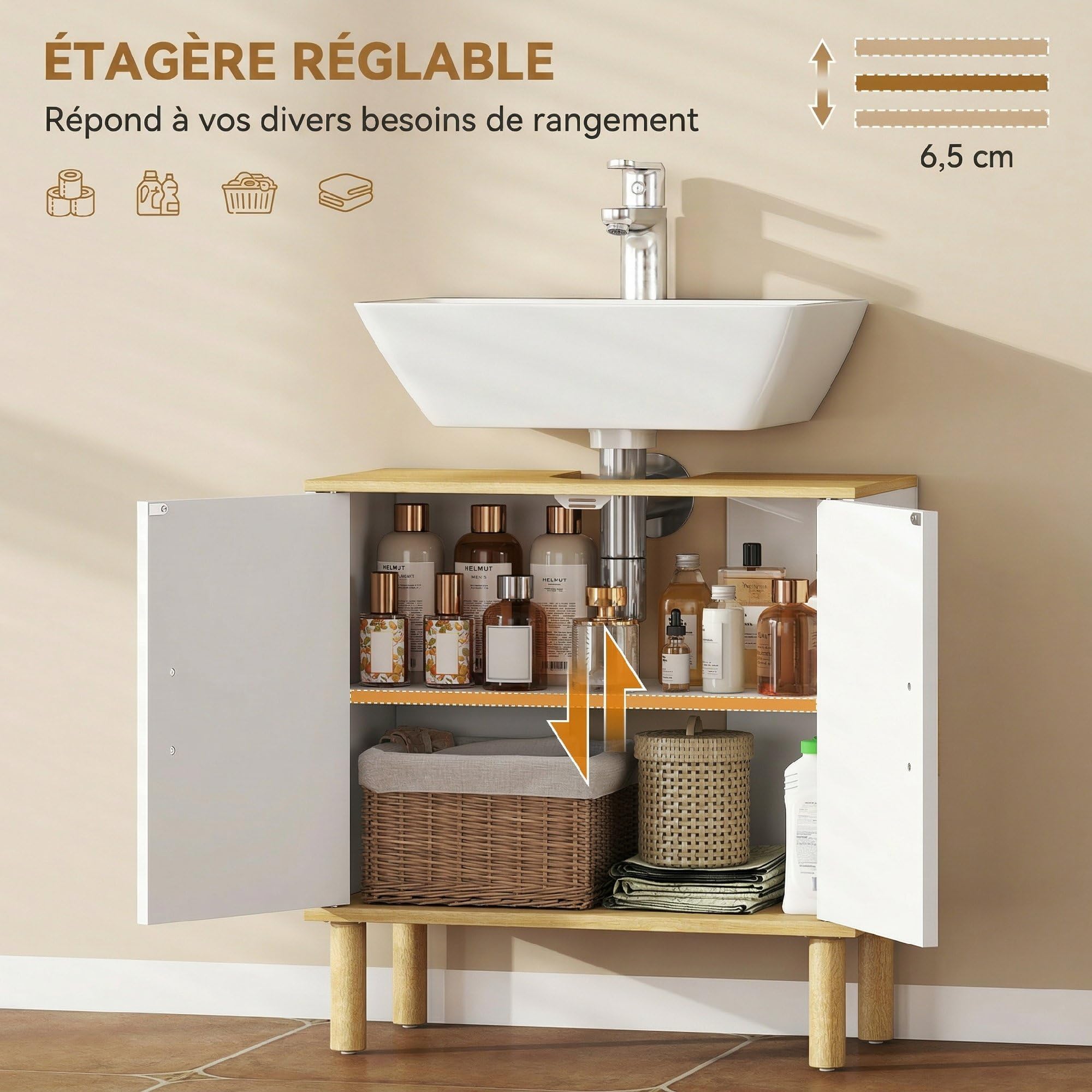 HOMCOM Meuble sous lavabo, Meuble de Salle de Bain avec 2 Portes et étagère réglable, Armoire de Salle de Bains sous lavabo, Style Moderne, 60 x 30 x 61 cm, Blanc