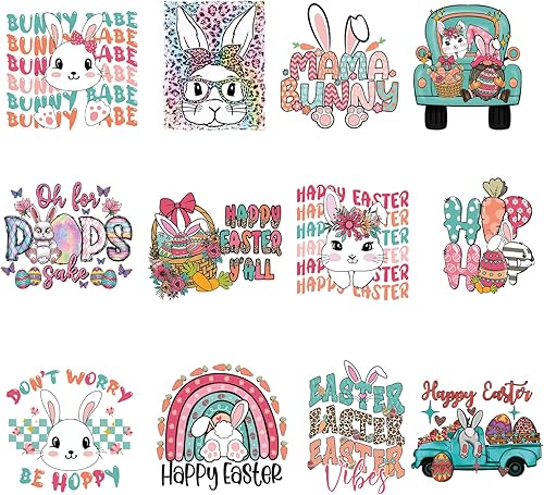 12 calcomanías para planchar para el día de Pascua con conejo, parches para planchar para ropa, calcomanías de transferencia de calor de