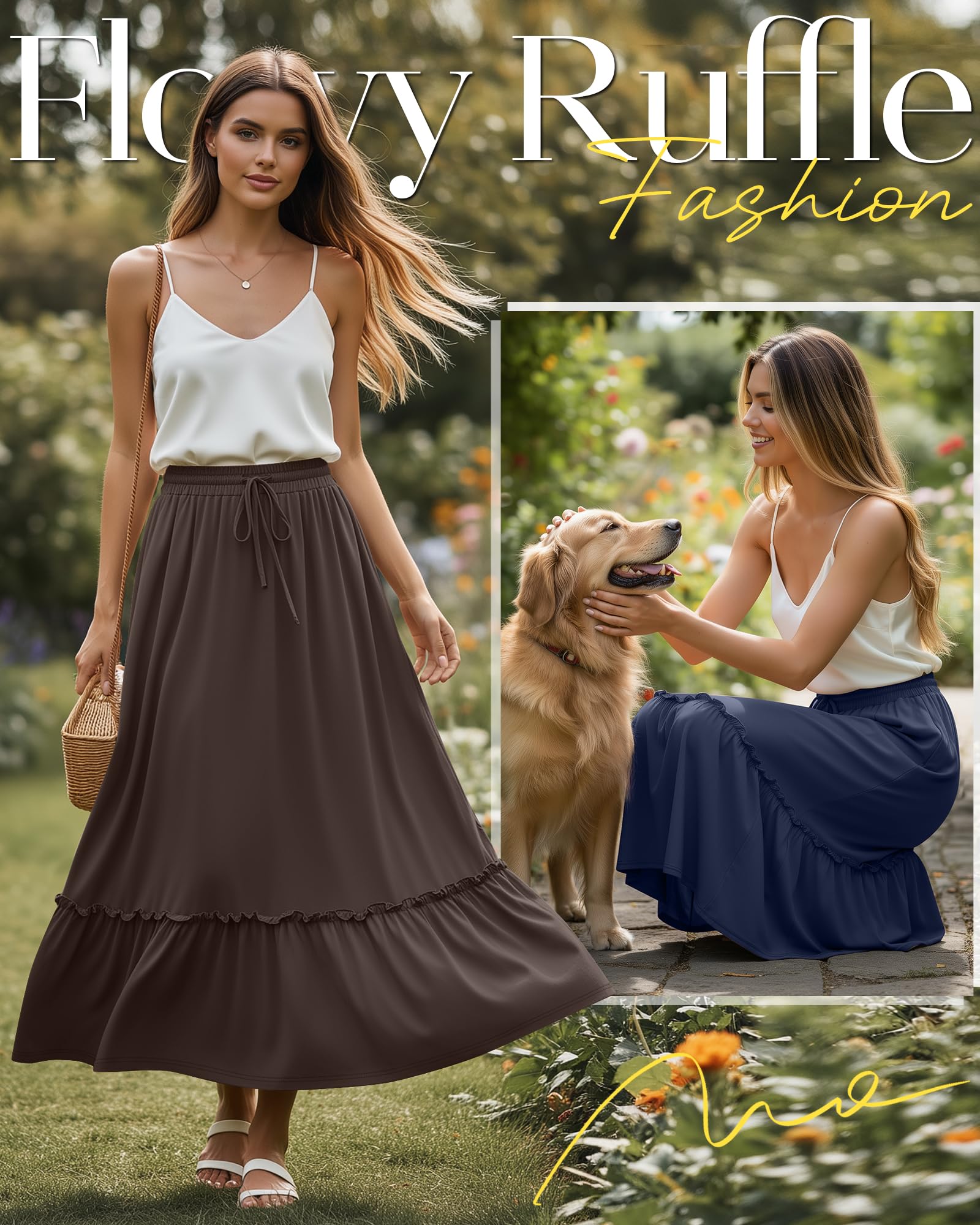 Ficerd 3er-Set Damen Boho Maxi-Röcke, Lange Stufenrock Rüschen, Hohe Taille mit Kordelzug, Lässiges Kleid mit Taschen