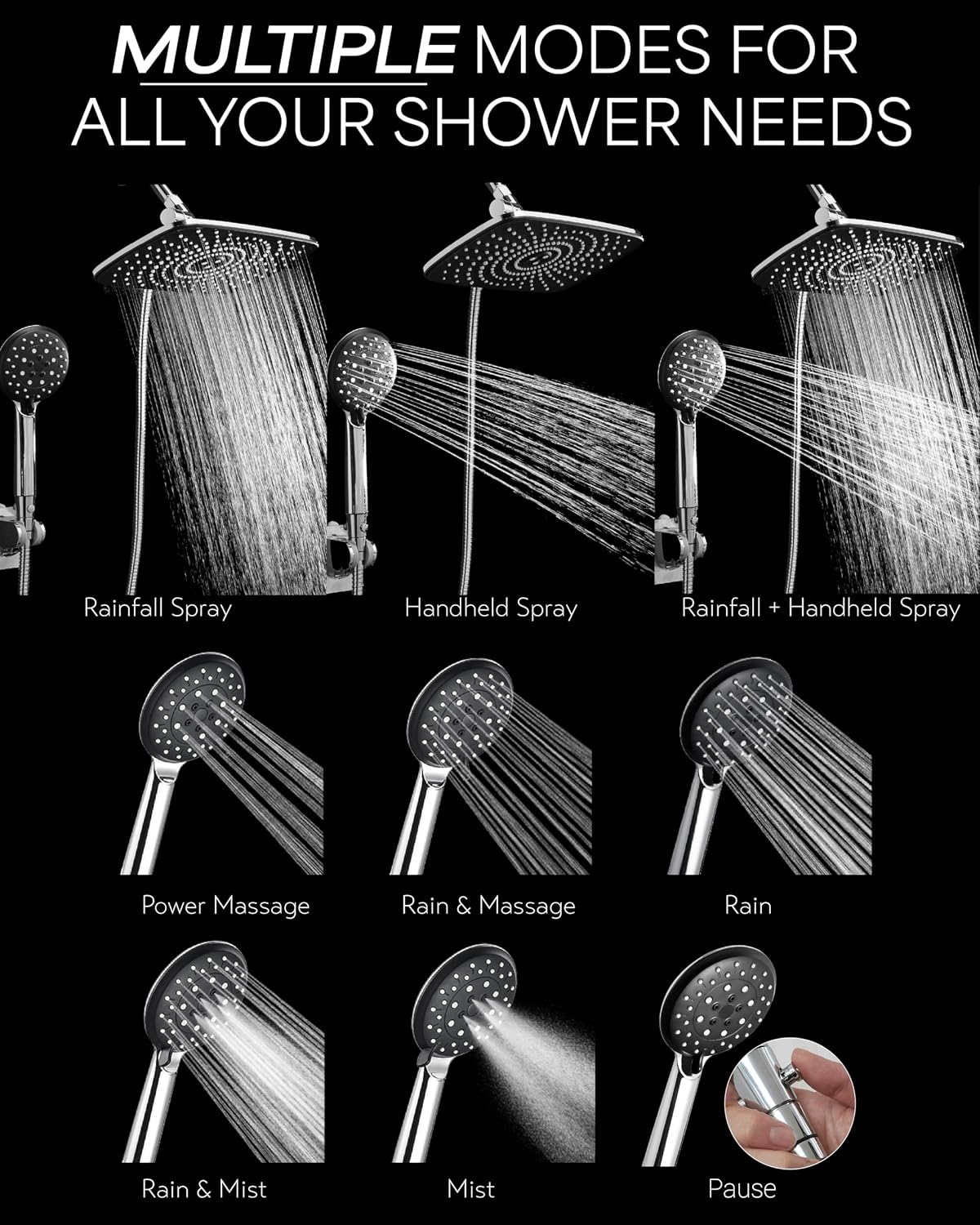 Veken 12 Inch High Pressure Rain Shower Head -Shower Heads with 5 Modes Handheld Spray Combo- Wide RainFall shower with 70" Hose & Bracket- Adjustable Dual Showerhead Chrome&Black