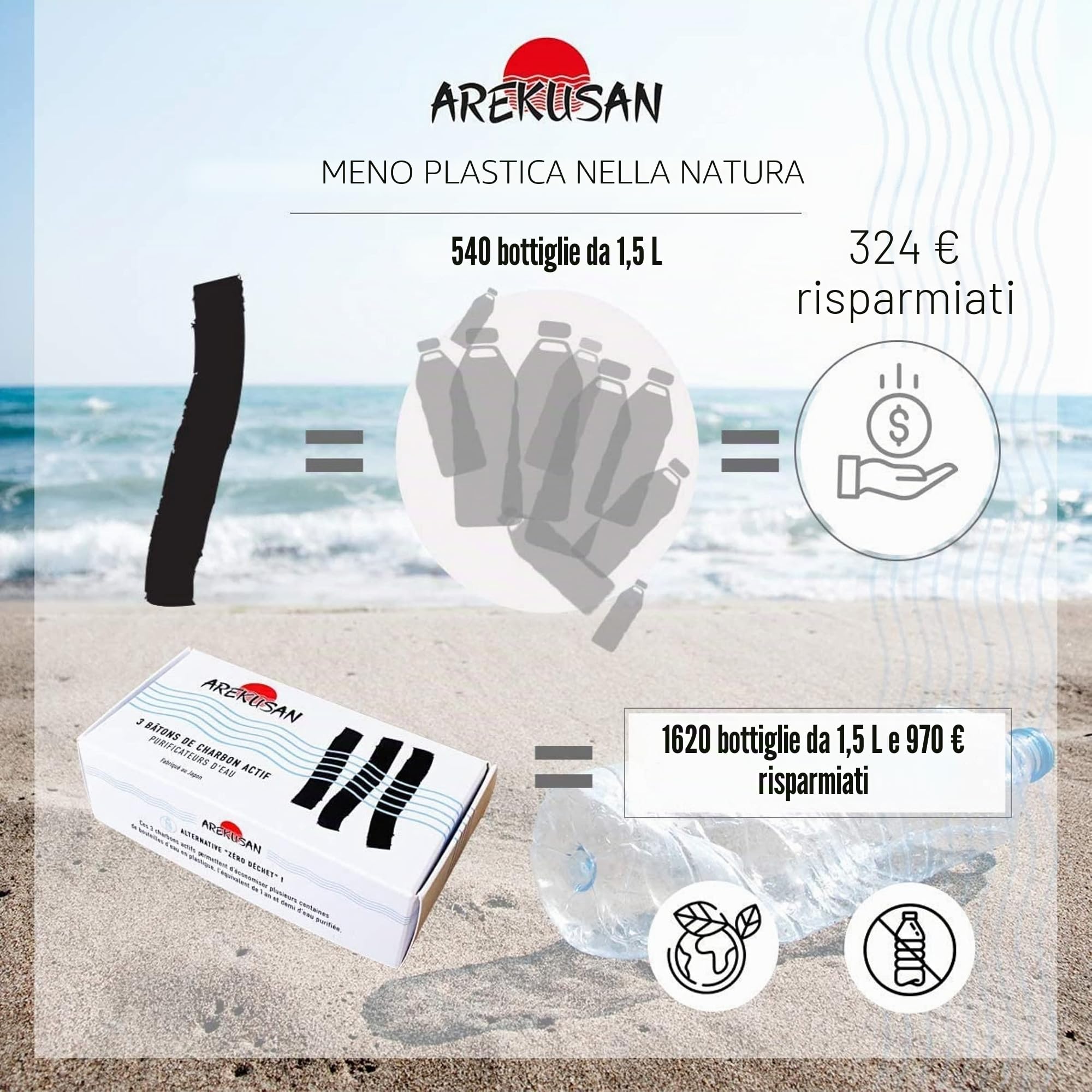 X3 Kishu Binchotan Carbone Attivo di Quercia Giapponese Filtro Acqua del Rubinetto per Caraffa Bottiglia Alternativa Bottiglie Plastiche Zero Differenziato Regalo Ecologico Purificatore Naturale Bio