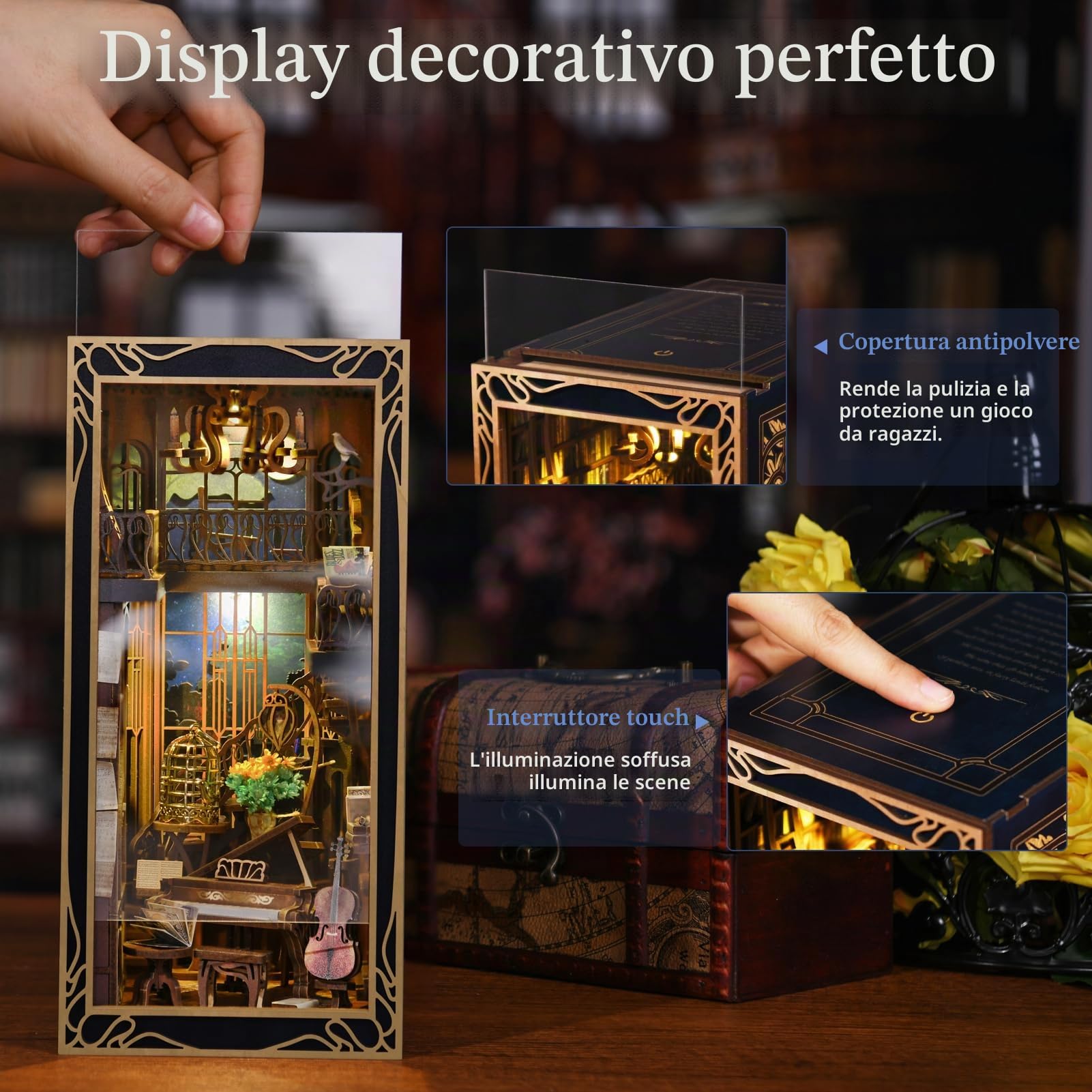 MiniCity Kit per libri fai da te, in miniatura, per casa delle bambole, in legno 3D, per libri e libri, decorazione per ragazzi e adulti (pianista con nightingale)