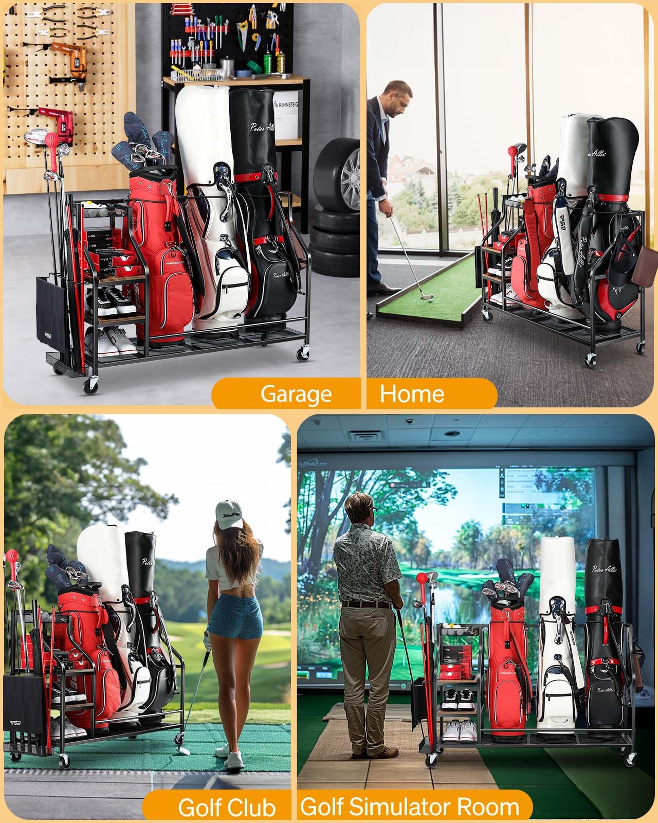 EXTCCT Organiseur de sacs de golf - Support de sac de golf pour accessoires de golf, sac de golf avec roulettes, clubs de golf, organiseurs d'équipements de golf