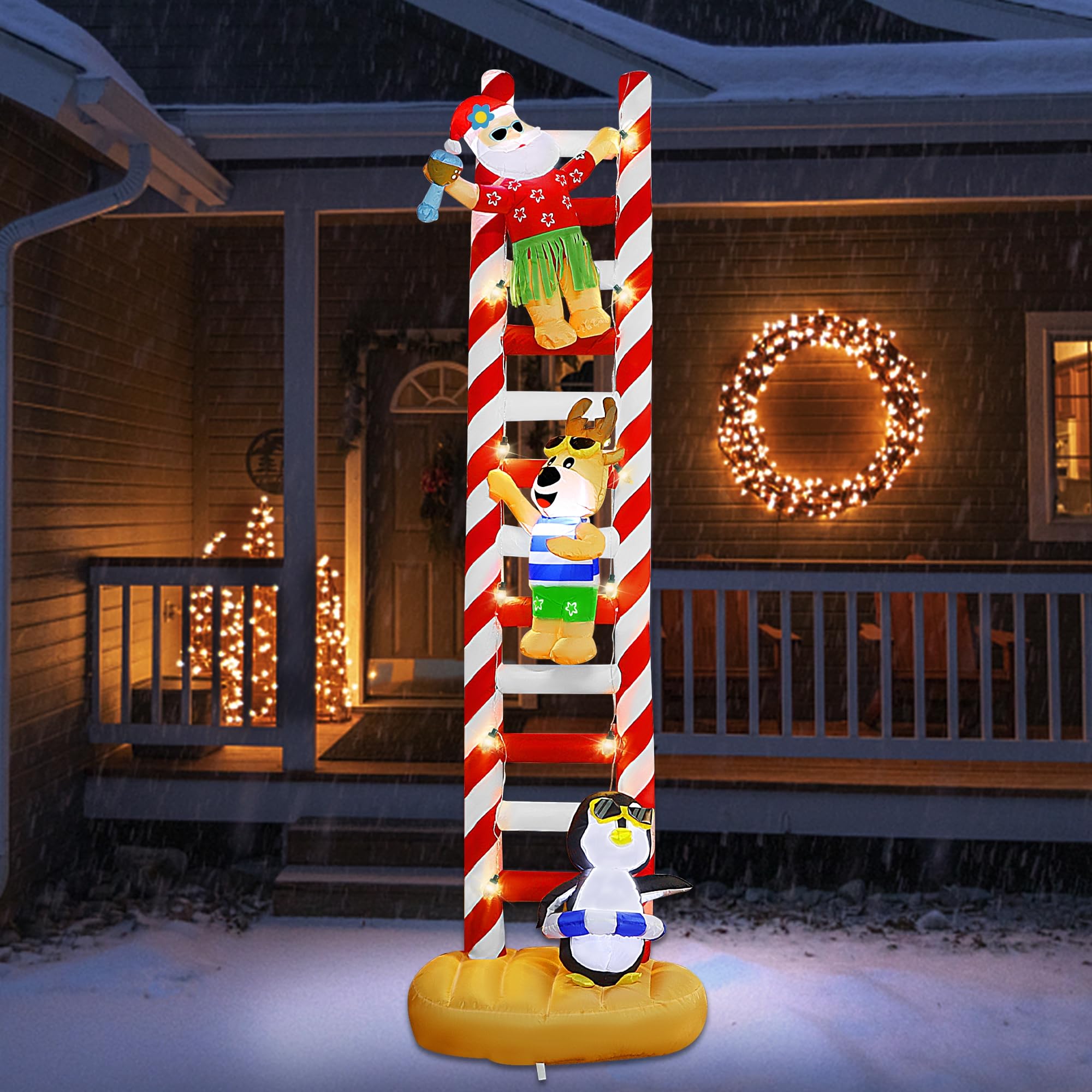 Joliyoou 10FT Christmas Inflatable Decorations, Hawaii Beach Themed Giant Lighted Ladder Blowups Climbed with Penguin, Reindeer, Santa, C7 String Lights for Xmas Holiday Decor