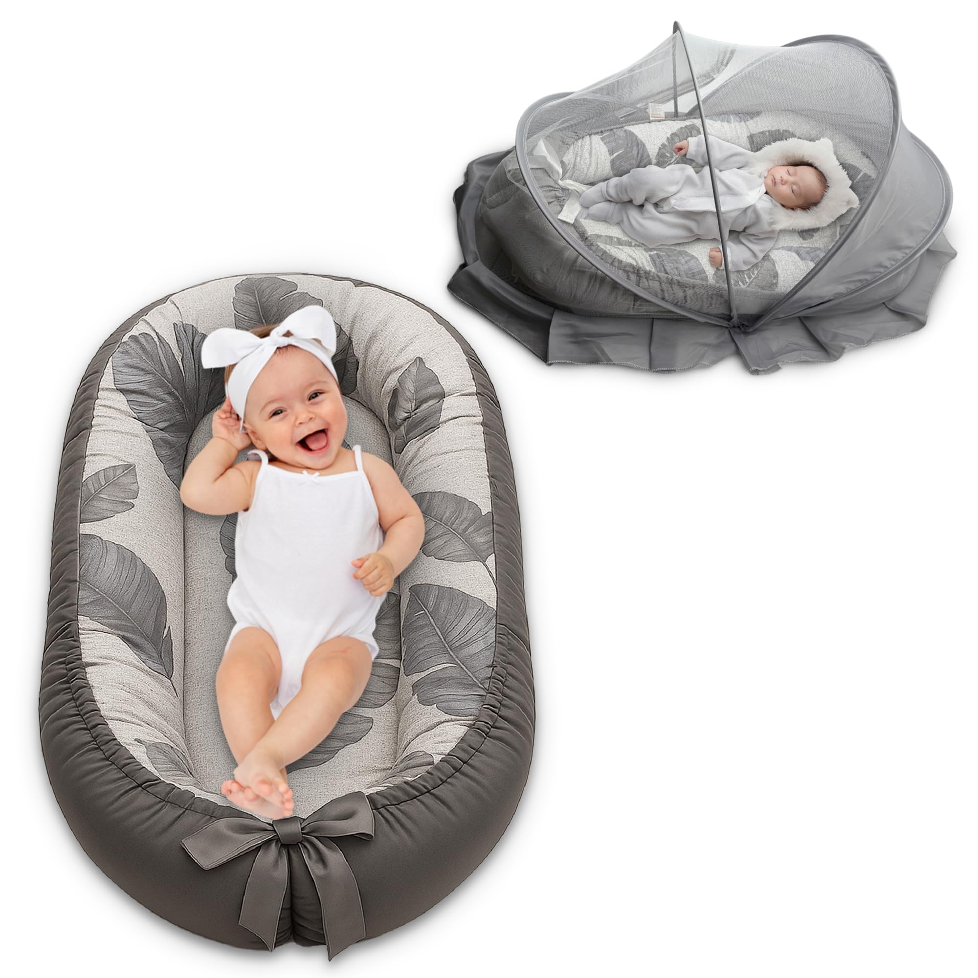 Elysium Products Baby Lounger for Newborn 0-24 Months, with Mosquito Net, Breathable & Soft Baby Nest, Portable & Lightweight (Grey)