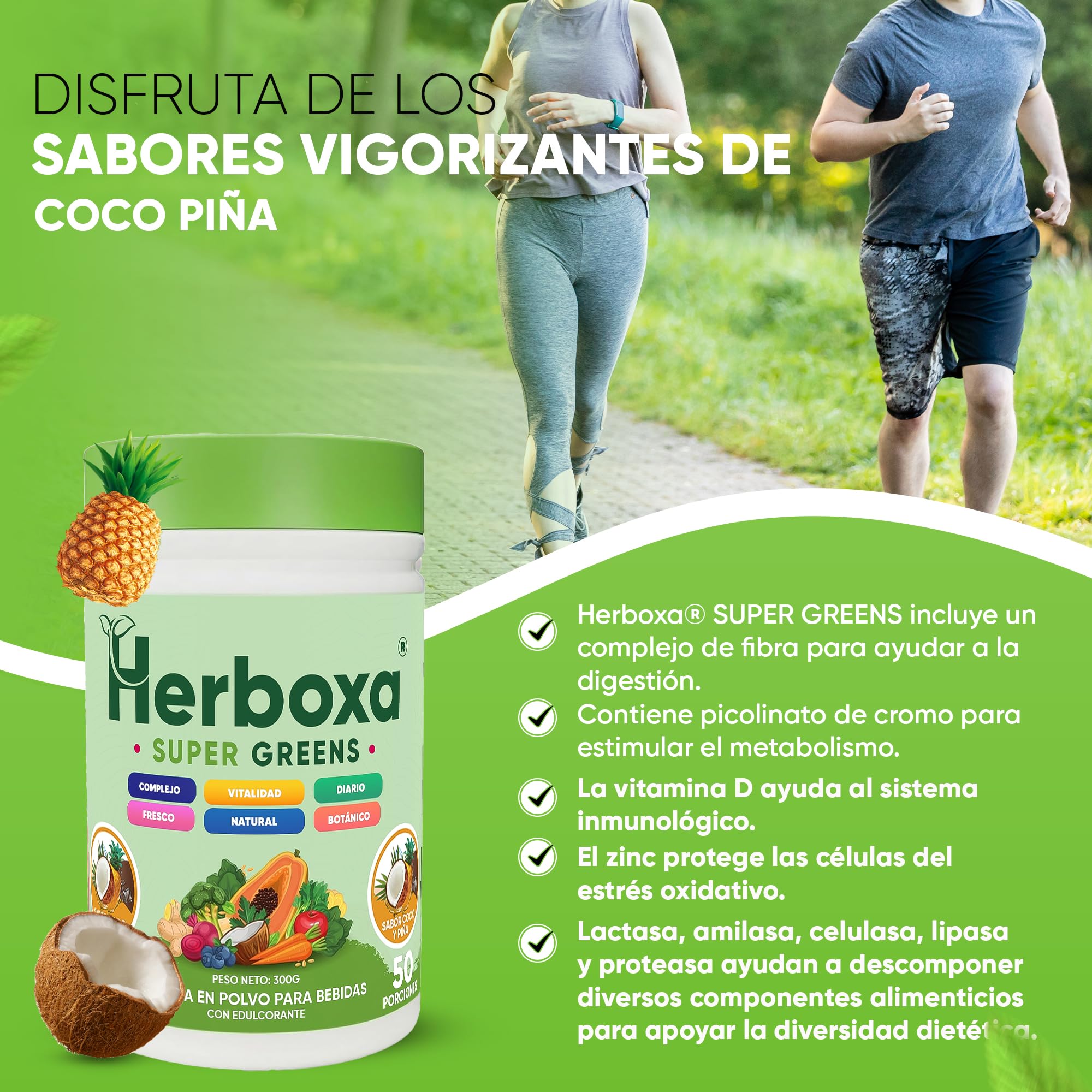 Herboxa Super Greens Polvo con Más de 30 Superalimentos Verdes, con Probióticos y Enzimas, Sabor coco piña, Complemento Alimenticio, 50 Porciones