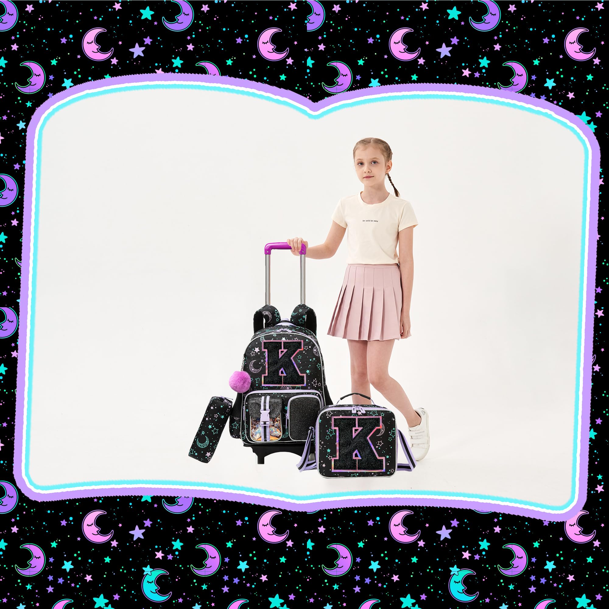 HTgroce Zaino Trolley con Scuola Elementare Bambina Zainetto Con Trolley Con Borsa Per La Merenda E Astuccio