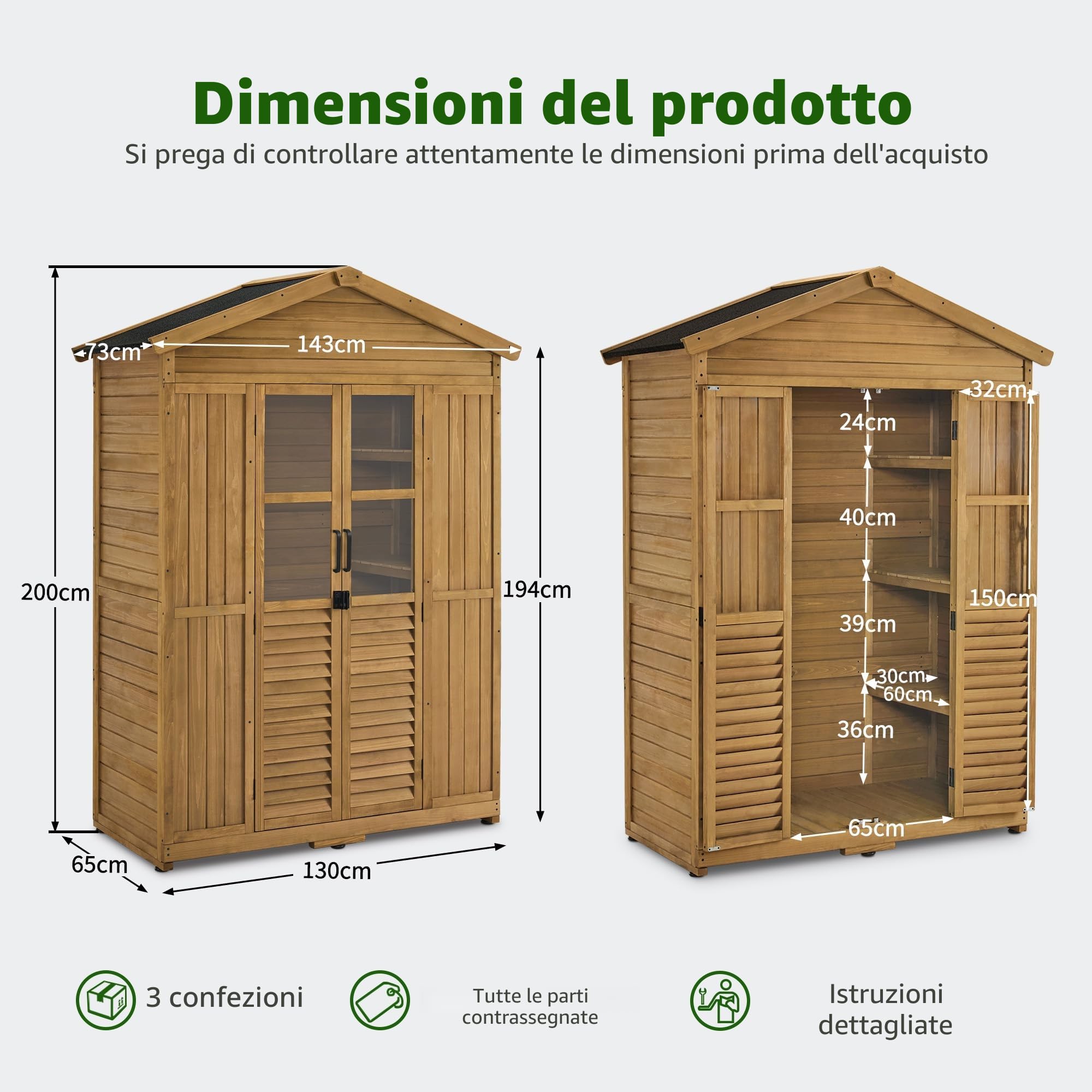 MCombo armadio da giardino casetta in legno resistente alle intemperie, 74×143×200 cm