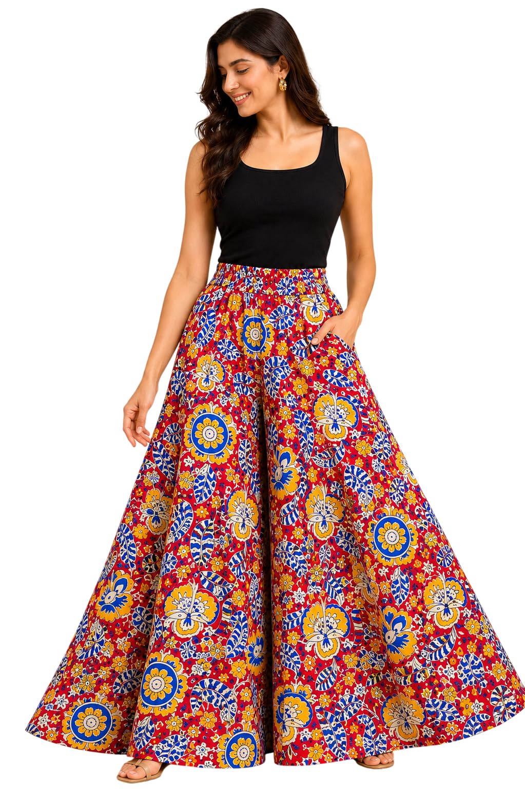 uneR Women's Kalamkari Print Palazzo Pants | Wide Leg Flared for Women | Comfortable Ethnic Palazzo with Pocket-picture-49