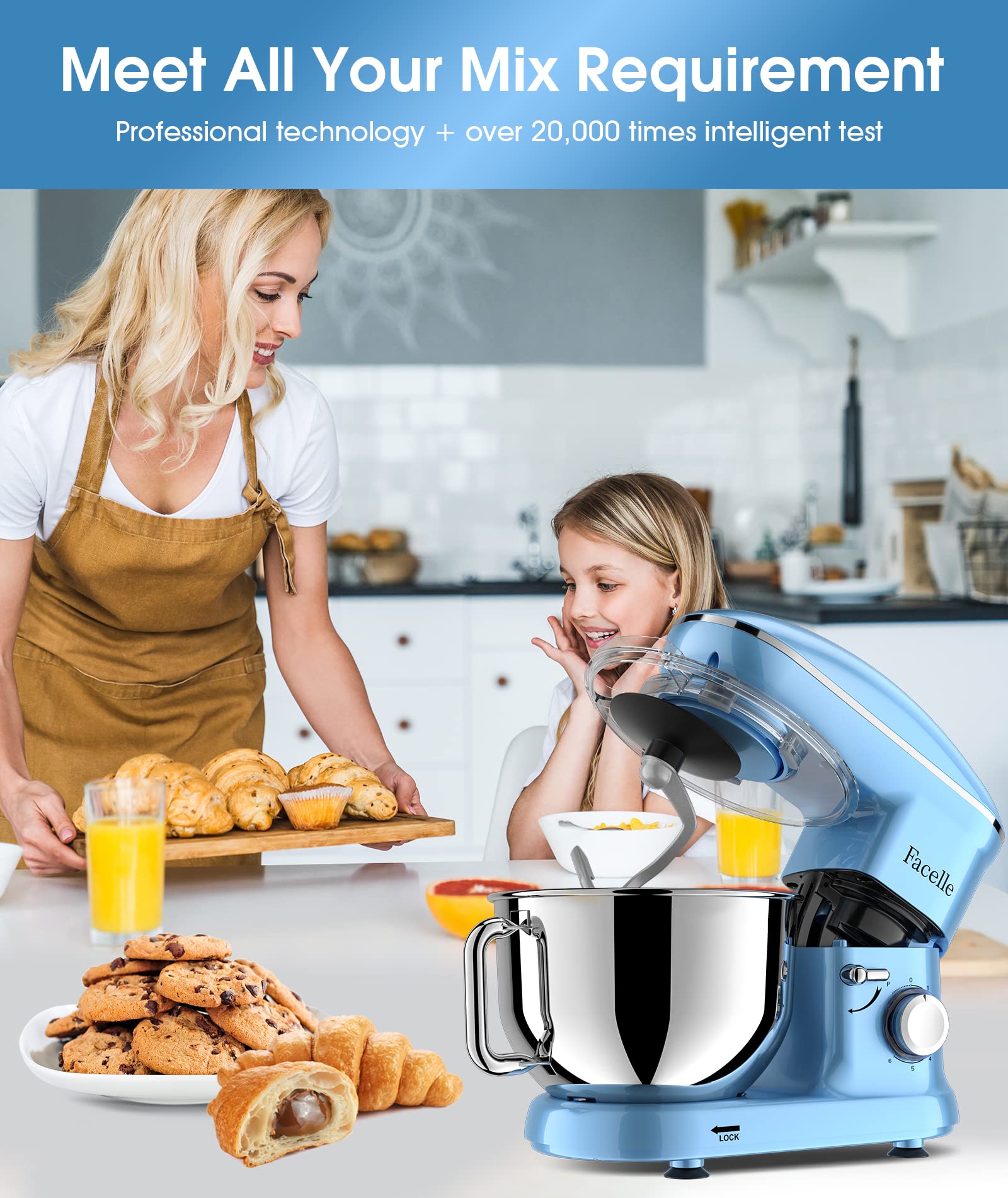 Robot Pâtissier 1500W Facelle Petit électroménager 6,2L,avec Crochet Pétrisseur,Batteur,Fouet à Fil,protection contre les éclaboussures,pour la cuisson,les gâteaux(Bleu)