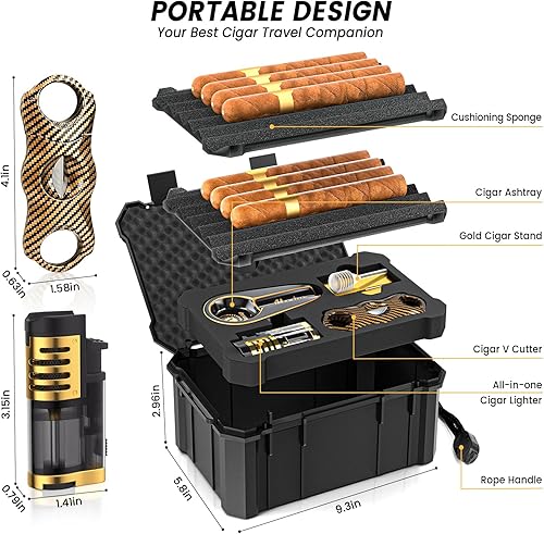 Miniatura 2 de Travel Cigar Humidor Set with Torch Cigar Lighter, V Cigar Cutter, Cigar Ashtray, Cigar Holder, Humidifier & Hygrometer, Portable Travel Cigar Case