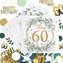 Serviette Anniversaire 60 Ans Anniversaire Femme Homme, 40Pièces Serviette Papier Anniversaire Avec Confettis Anniversaire, Decoration Anniversaire 60 Ans, Serviette Joyeux Anniversaire Eucalyptus