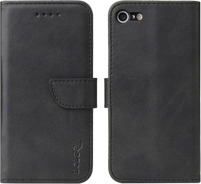 LOLFZ Wallet Case for iPhone 7 iPhone 8 iPhone SE 2020 SE 2022, Vintage Leather Book Case with Card Holder Kickstand Magnetic Closure Flip Case Cover for iPhone 7/8/SE 2020/SE 2022 - Black