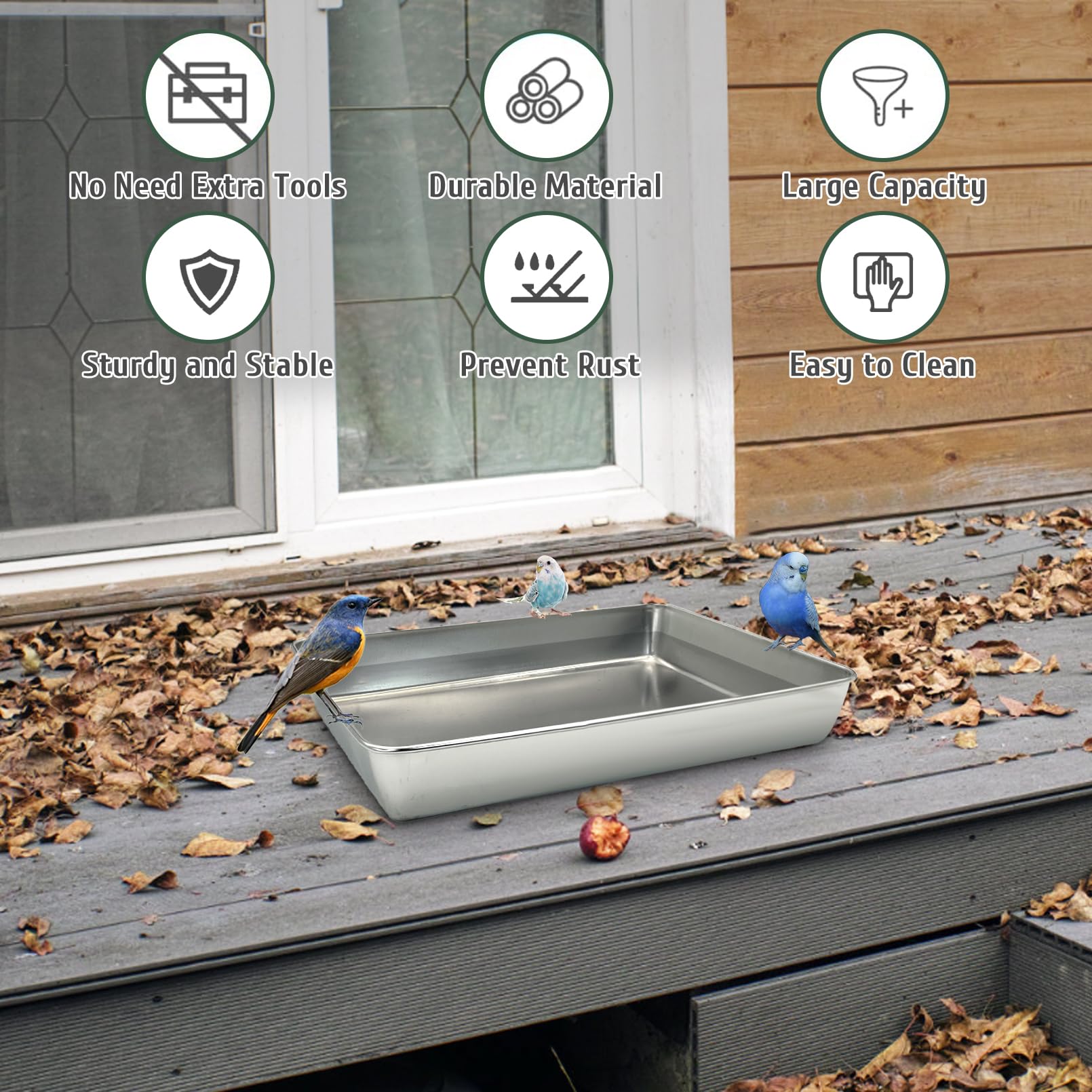 kathson Stainless Steel Bird Bath 16.14"×12.2"×2.36" Metal Bird Bath Tray Pet Bird Cleaning Accessories Bird Bathtub Bird Bath Tray Pet Shower Tub Pigeon Bathtub Bird Cage Bathtub Tray - image 5