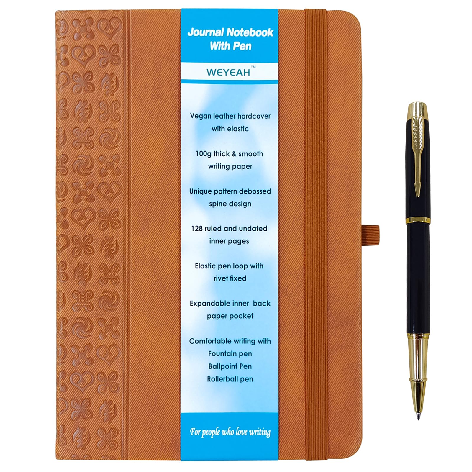 A5 Hardcover Journal Notebook With Rollerball Pen, 100g Thick & Smooth Writing Paper, 128 College Ruled or Medium Ruled Notes Pages, 8.5 inches x 5.7 inches Mediume Size Lined Notebook (brown)