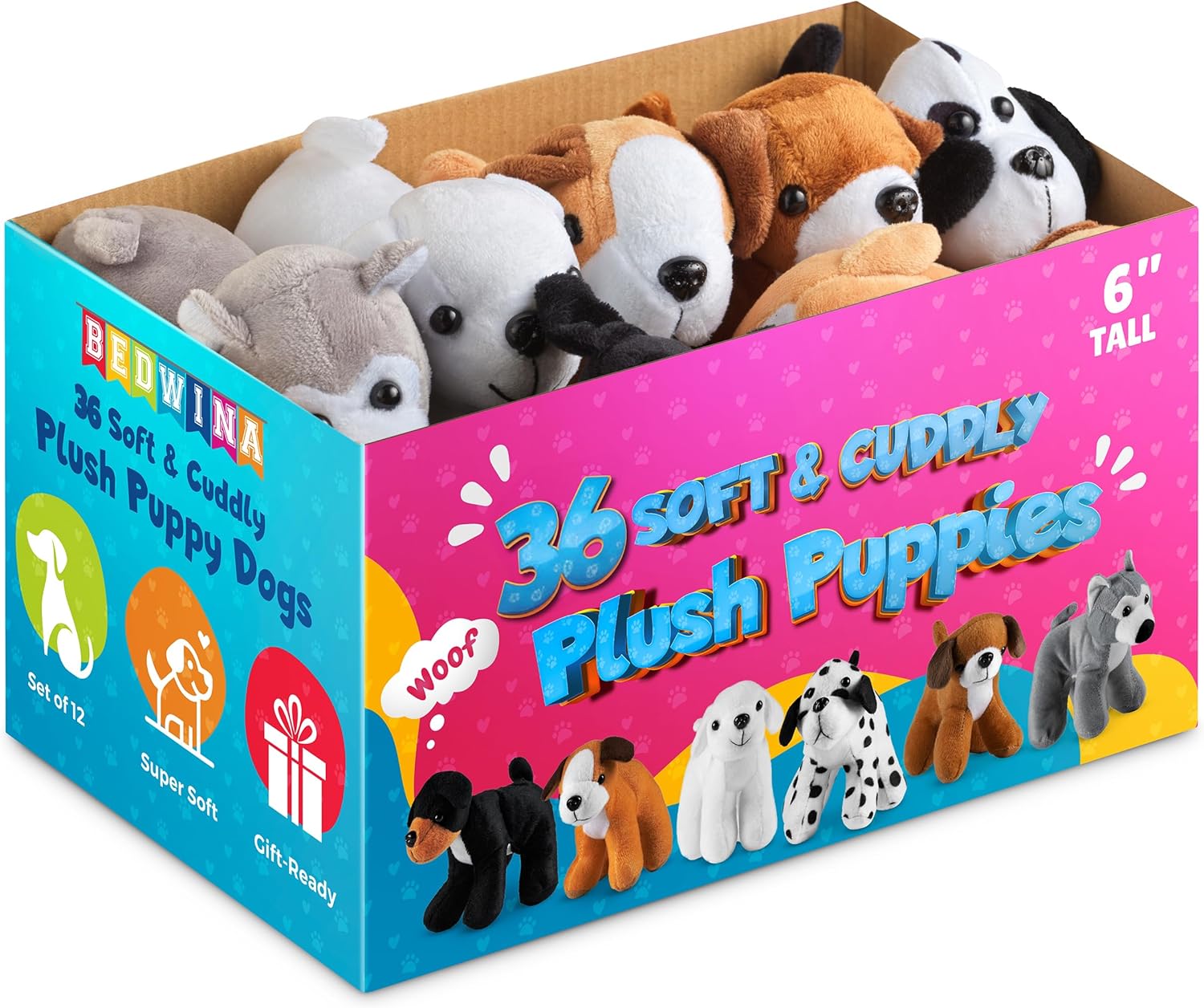 Bedwina Plush Puppy Dogs - (Pack of 36) 6 Inches Tall Stuffed Animals Bulk Assorted Puppies and Cute Stuffed Plushed Dog Puppies Assortment, Stocking Stuffers