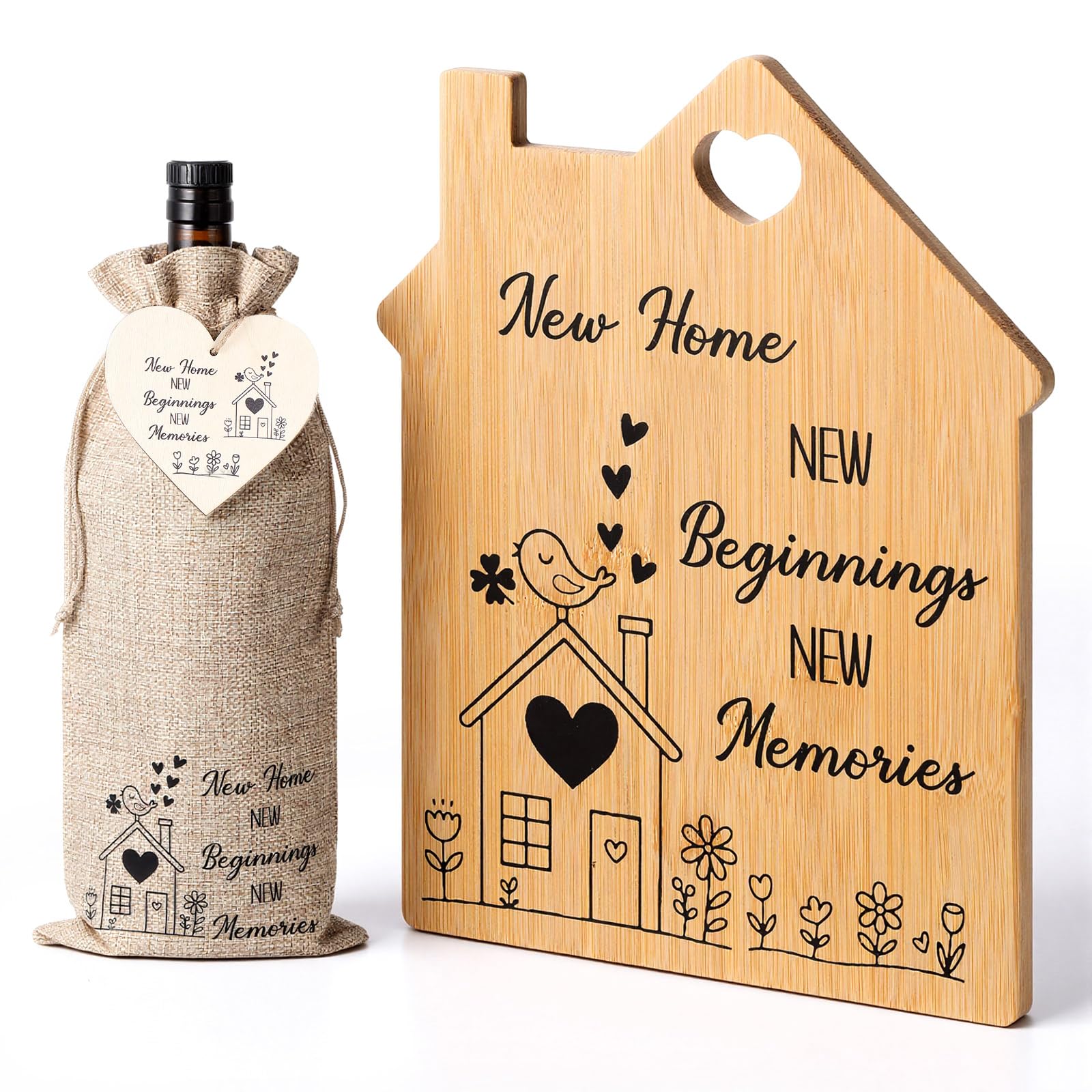 Sinmoe 2 Pcs New Home Gifts Set, Cutting Board Wine Bag Wooden Plaque