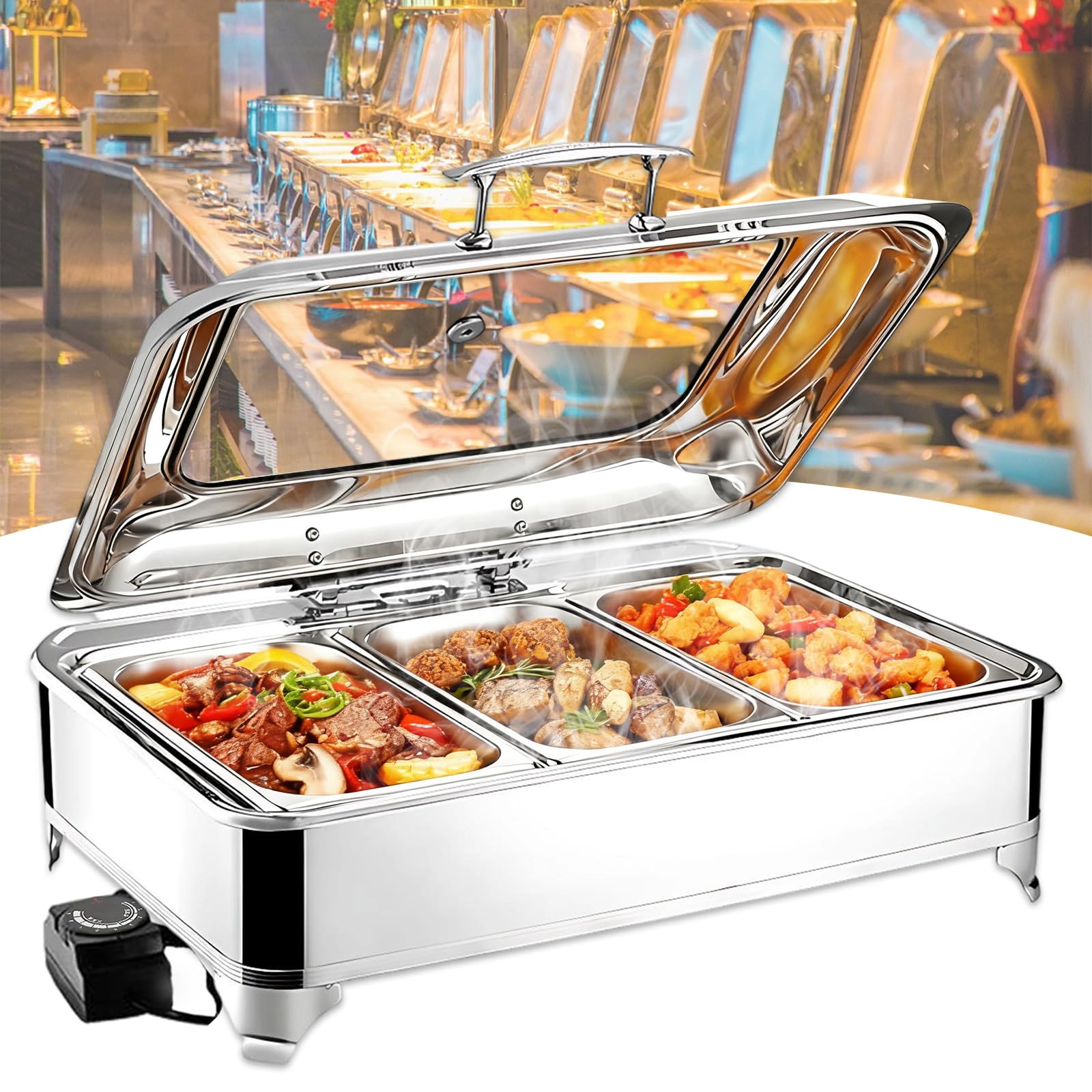 Chafing Dish Buffet Electrico, Temperatura Regulable(1/3 Pan) | 9L Calentador de Comida Buffet Electrico, Acero Inoxidable Calentador de Alimentos Eléctrico Profesional para Catering