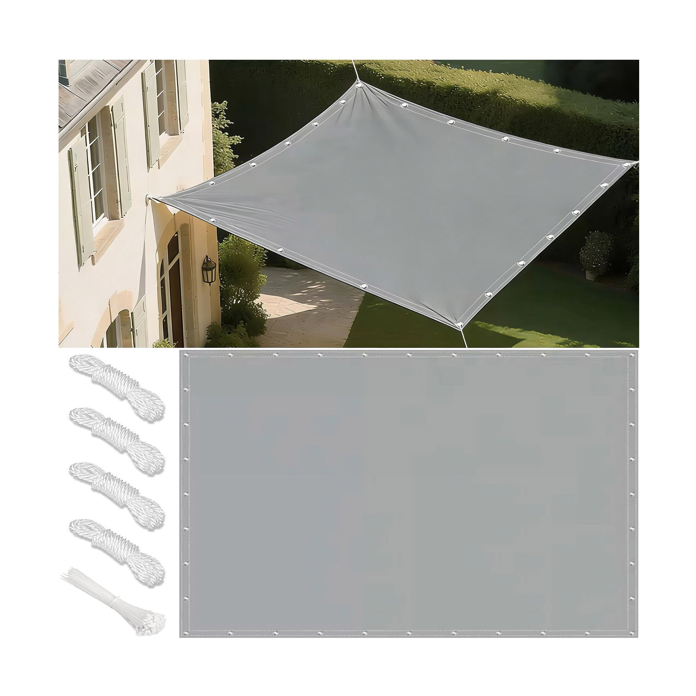 Sonnensegel Wasserdicht Sonnenschutz und Wetterschutz Markise UV-Schutz Schattiernetz mit Ösen und Kordel für Garten und Terrasse 4.5x5.5M Hellgrau