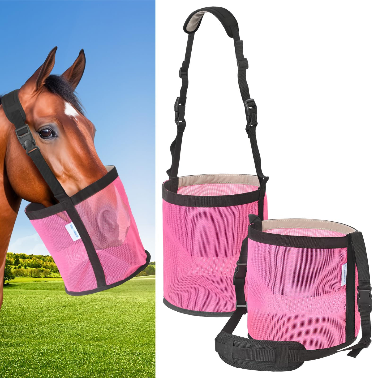 Horse Feed Bag Pack of 2, Feed Bags for Horses with Ventilation Mesh, Comfort Nose Pad Neck Pad, Adjustable Strap, Spill Proof Design for Independent Feeding Grain, Supplements (Pink)