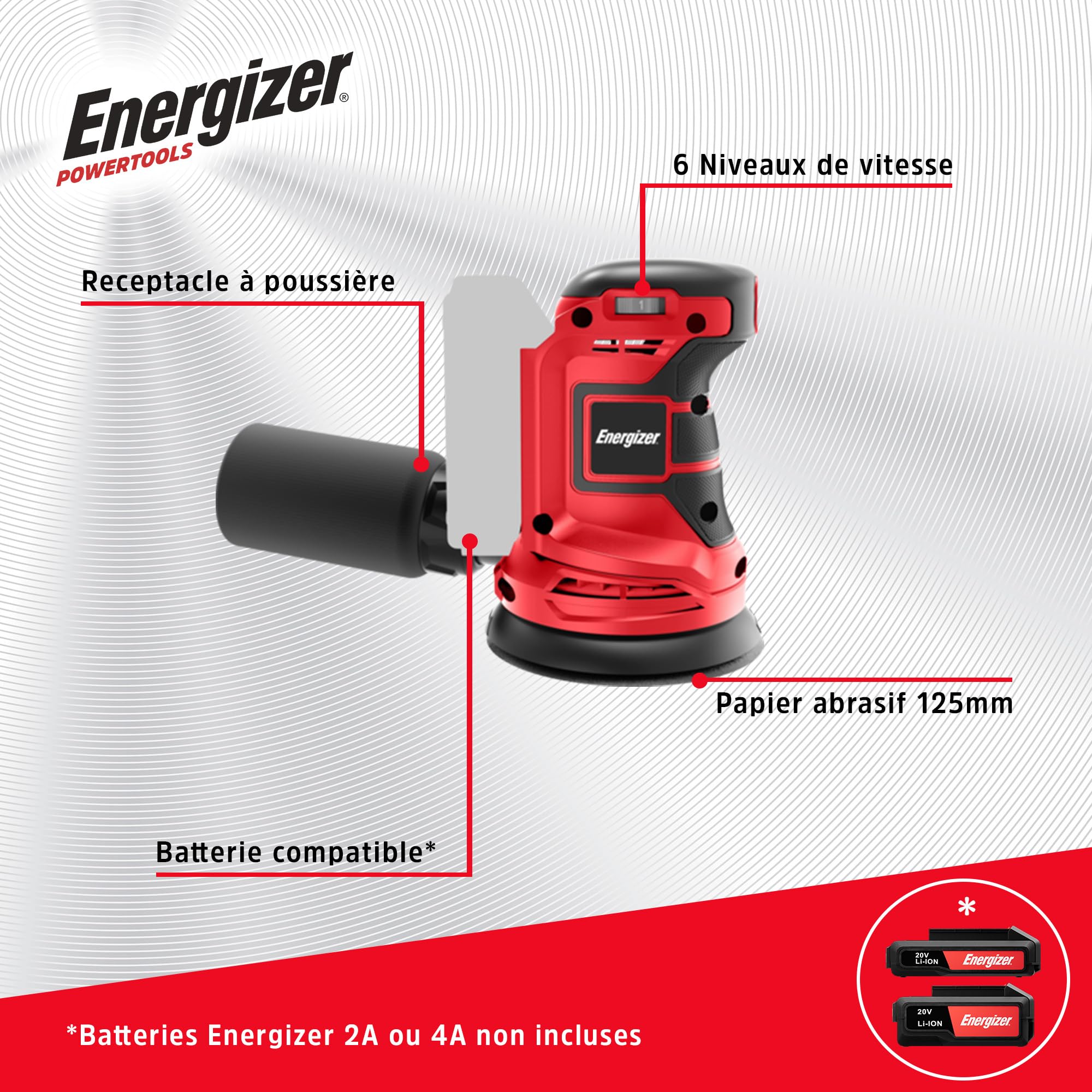 Energizer – Ponceuse Circulaire Sans Fil 20V, 10 000 tr/min, 6 Vitesses Réglables – Plateau 125 mm Auto-Agrippant, Sac Collecteur, 10 Disques Inclus – Inclus 2 Batteries 20V 2AH + Chargeur Rapide