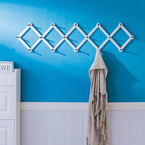 Miniatura 2 de SKOLOO Percha de pared de acordeón con 16 ganchos, moderno perchero expandible para pared, madera maciza, negro sobre blanco