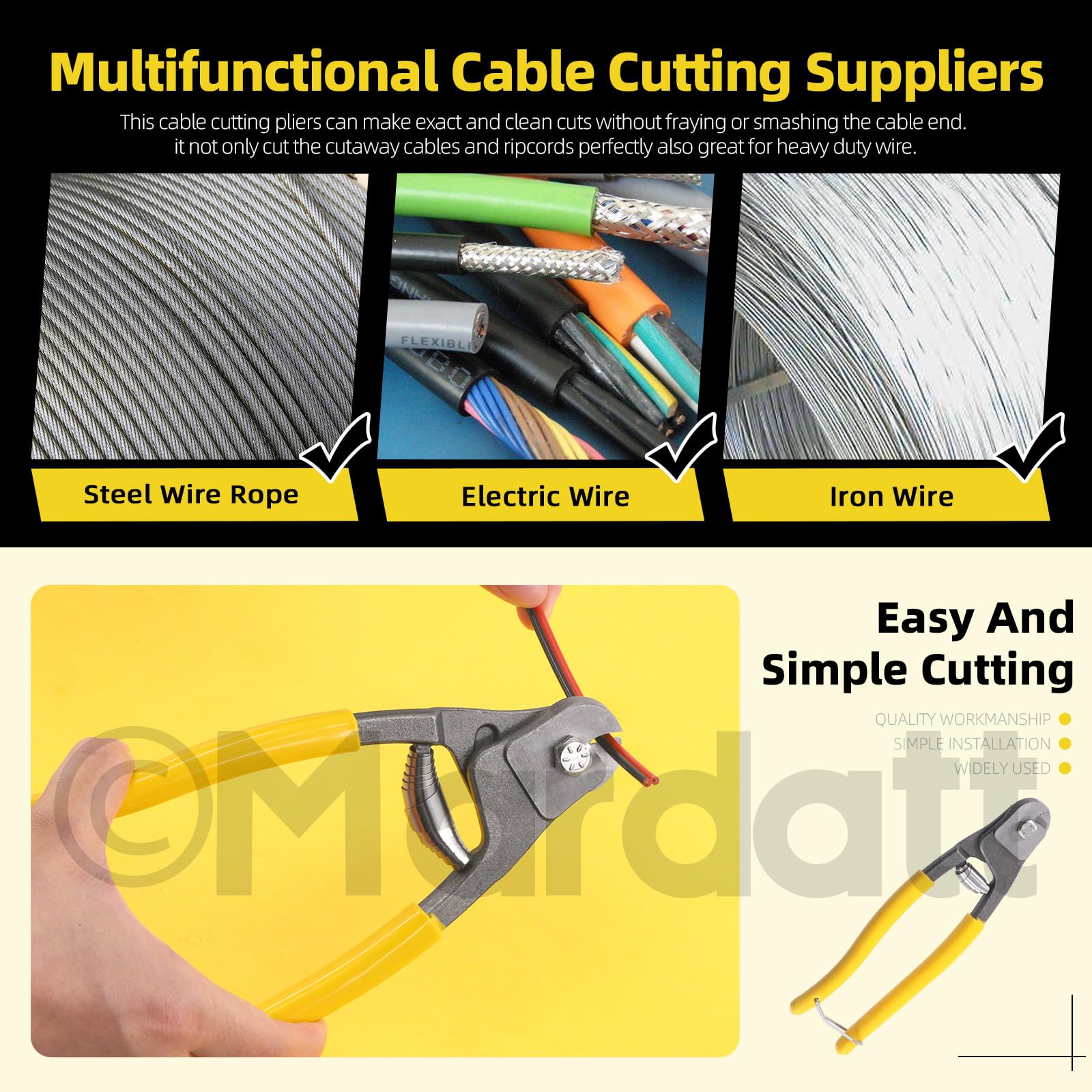 Mardatt 8" Cable Wire Cutter, Stainless Steel Cable Cutter Heavy Duty Wire Cutter Wire Rope Cutter Tool Inner Outer Bicycle Brake Shift Cable Cutting Pliers for Stainless Steel Wire Rope Railing Cable - Image 3