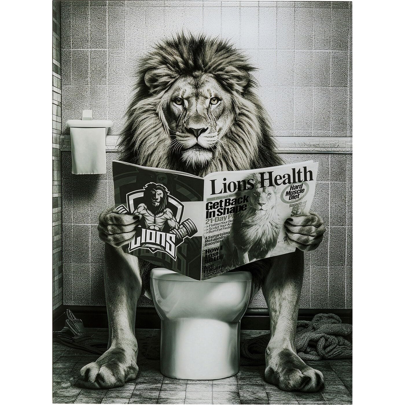 Kare Design quadro di vetro Bath Lion, bianco/nero, 60x80 cm, stampa su vetro, motivo leone, divertente, pop art, per bagno, corridoio, casa moderna