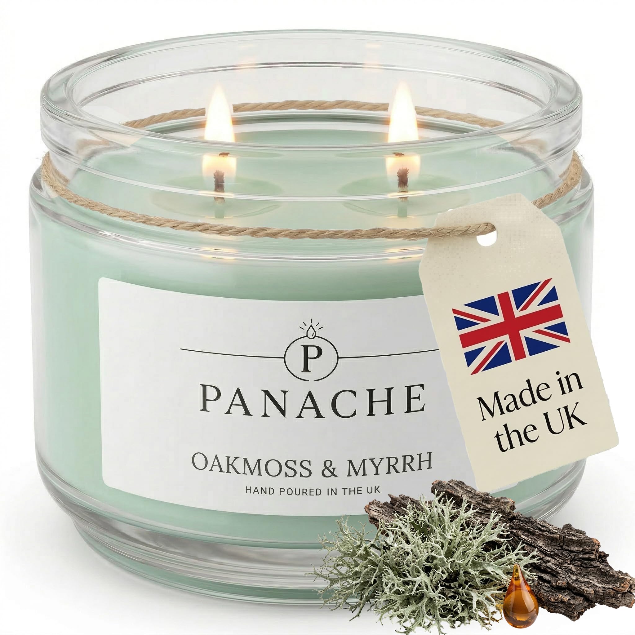 Zan Village Homeware Oakmoss & Myrrh Panache Scented Candle – Double Wick Soy Wax Candle, 48 Hour Burn Time, Hand Poured In Uk, Clean Burning Cotton Wicks, Luxury Glass Jar Candle For Home Fragrance & Gifts (320G)