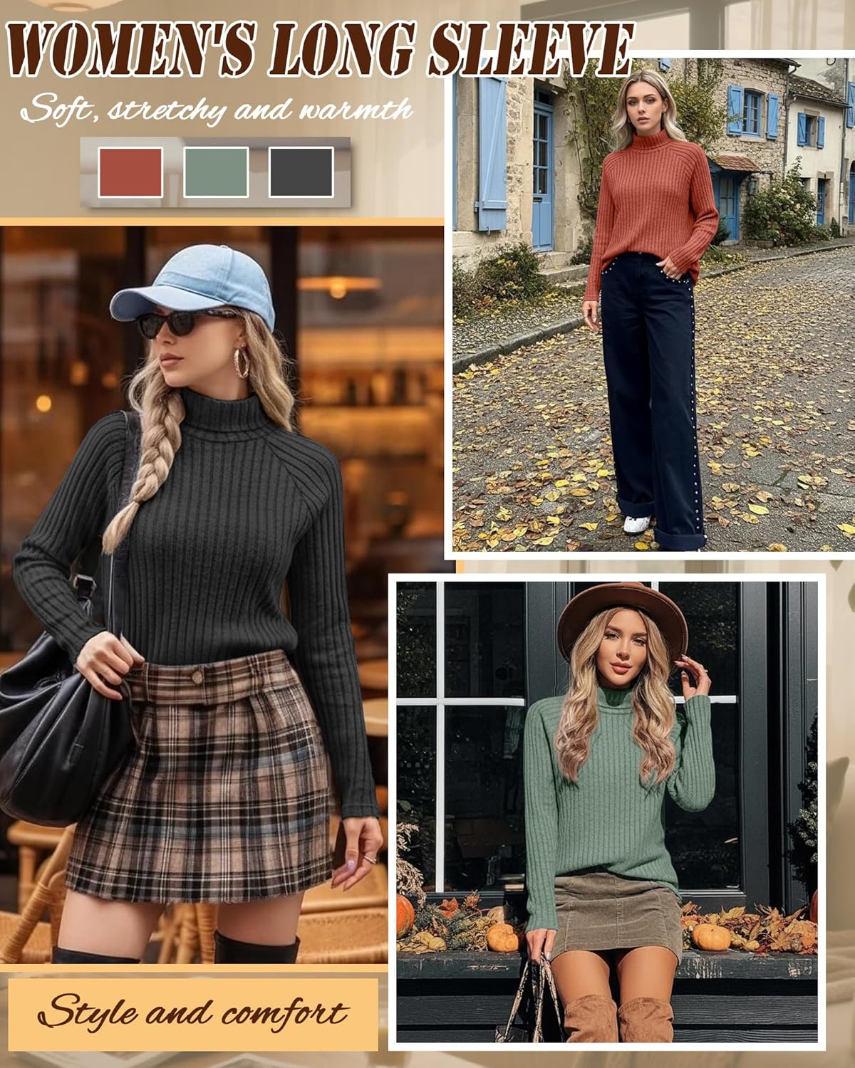 3 Pack Women's Long Sleeve Turtleneck Sweaters, Curved Hem Ribbed Tunic Tops Loose Fit Pullover Basic Layer - Image 3