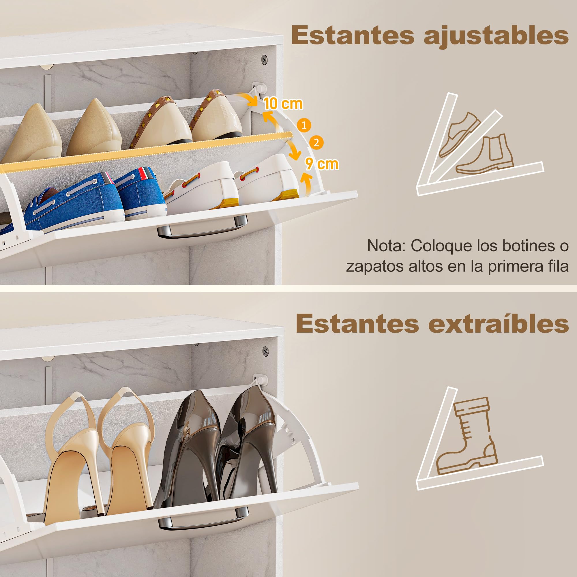 HOMCOM Zapatero Estrecho 2 Puertas de Alto Brillo 60x24x80 cm Blanco | Zapatero Entrada Recibidor, Estantes Ajustables, Diseño Mármol, para 8 Pares de Zapatos, Espacios Reducidos