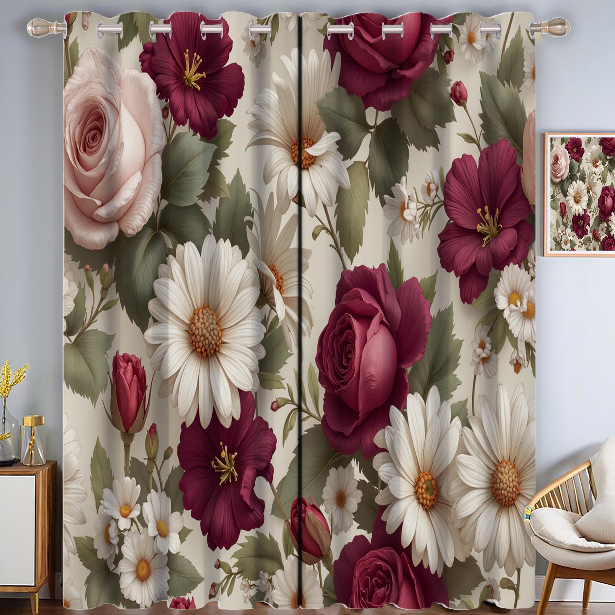 Motif floral rétro et isolation phonique : Paire de rideaux rouge foncé 140x260 cm à œillets