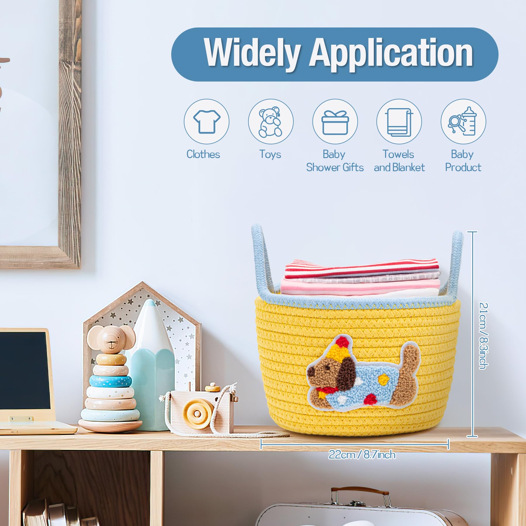 Lianxuia Cute Dog Toy Storage Basket with Handle, Soft Woven Cotton Rope Storage Basket, 12.6 x 8.3in Baby Shower Basket Organizer for Towels, Blanket, Toys, Clothes, Gifts