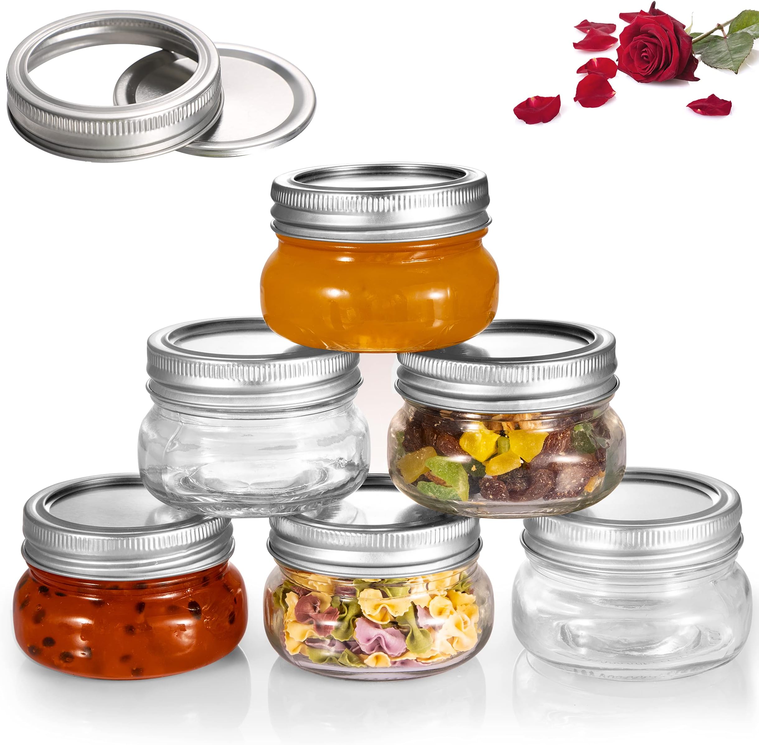 LovoIn Regular Mouth Mason Jars, Canning Jars With Silver Metal Airtight Lids and Bands 6 pack,4 oz Clear Glass Jelly Jars for Jam, Honey and Spice,Wedding Favors, Shower Favors, DIY Magnetic Spice Jars