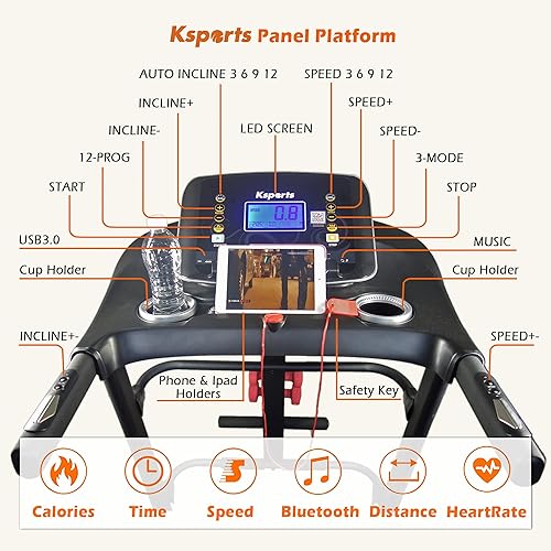 Miniatura 3 de Ksports - Cinta de correr plegable de 16.5 pulgadas para cardio, fitness portátil con conectividad Bluetooth, pantalla LCD y aplicaciones de Negro