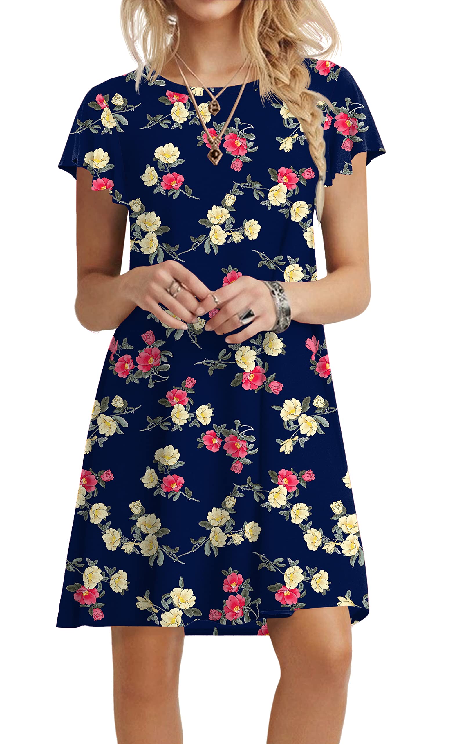 Womens Summer Dresses 2023 Ruffle Short Sleeve Casual Beach Tshirt Dress Round Neck Loose Swing Sundress with Pockets